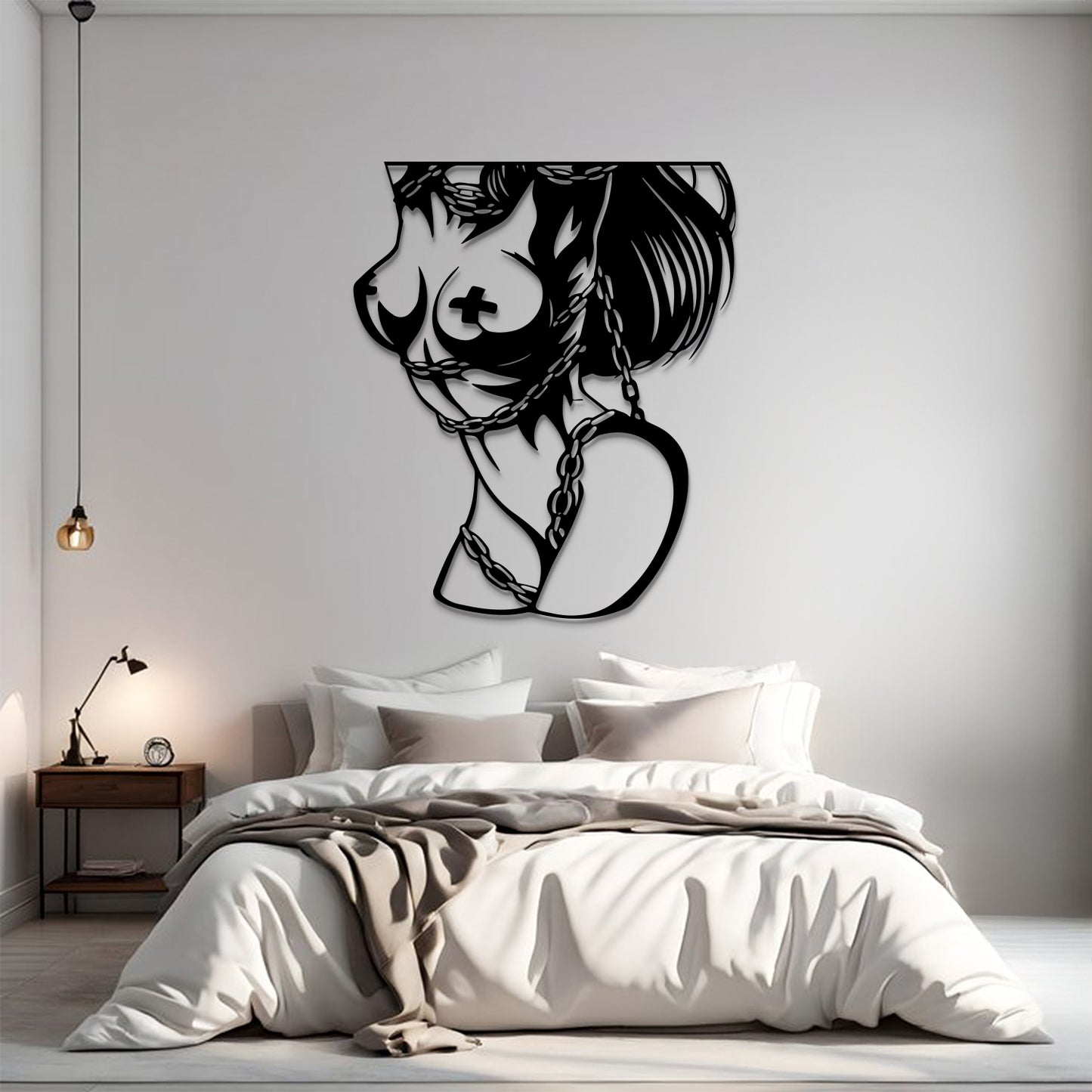 A black metal wall art piece depicting a stylized profile of a woman with a mustache and heart-shaped earring, mounted on a light gray wall above a neatly made bed in a modern bedroom setting.