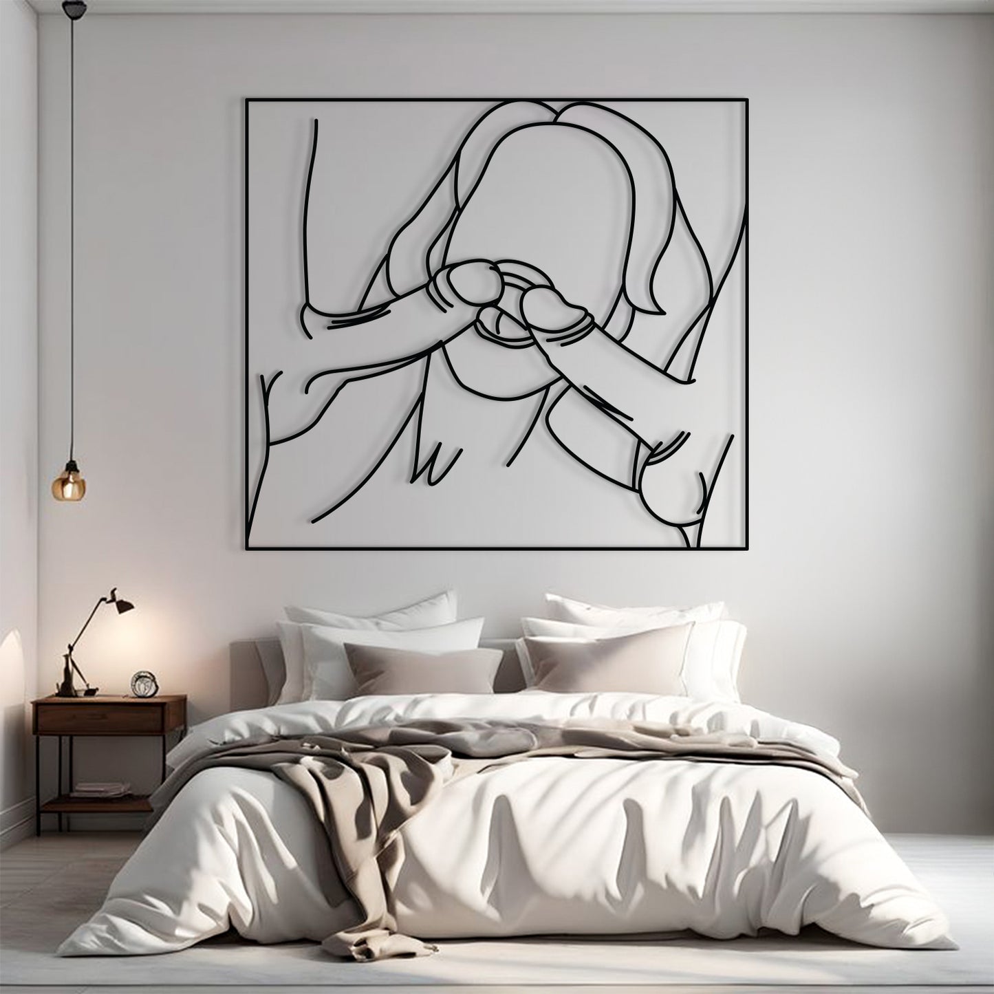 A minimalist black and white continuous line art wall print depicting a person holding their face, displayed above a neatly made bed in a modern, neutral-toned bedroom.