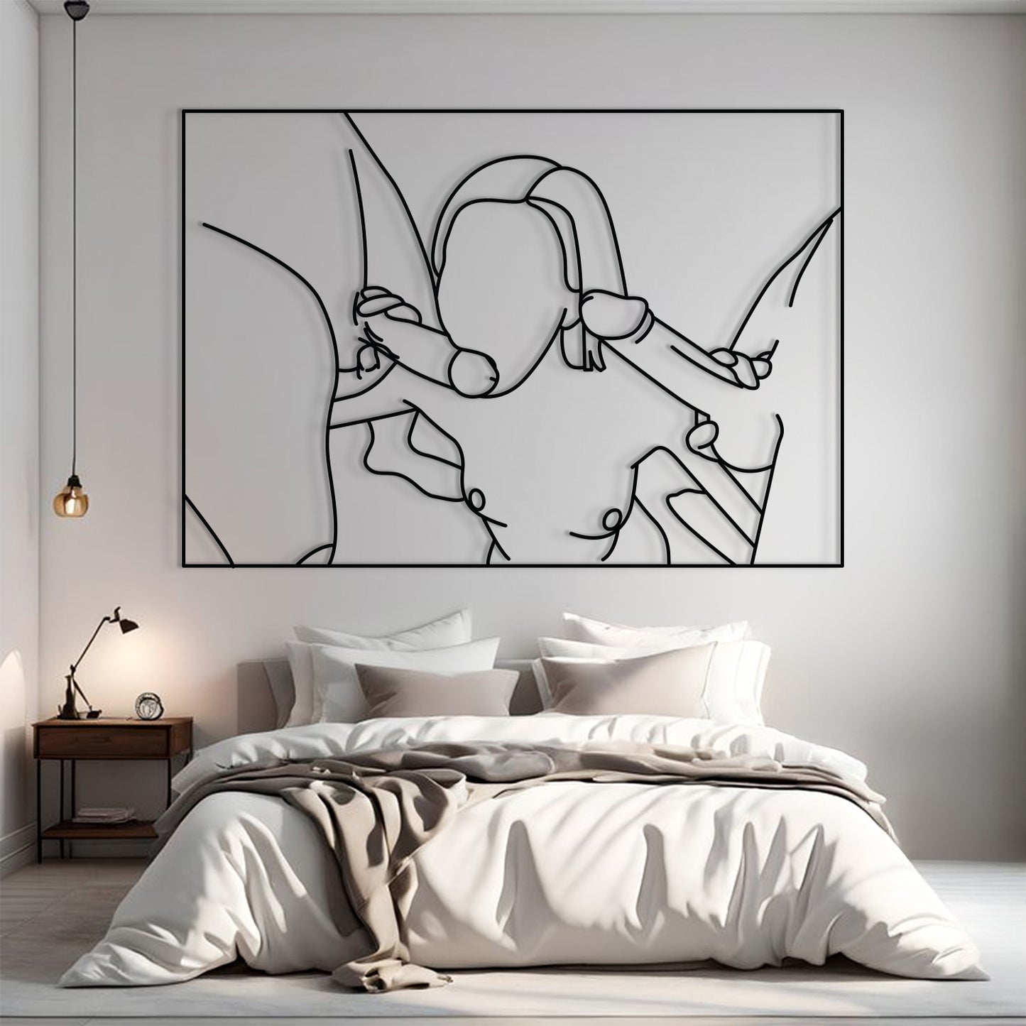 A minimalist black continuous-line wall art print depicting a couple embracing, displayed in a modern bedroom setting above a neatly made bed with white and beige bedding.