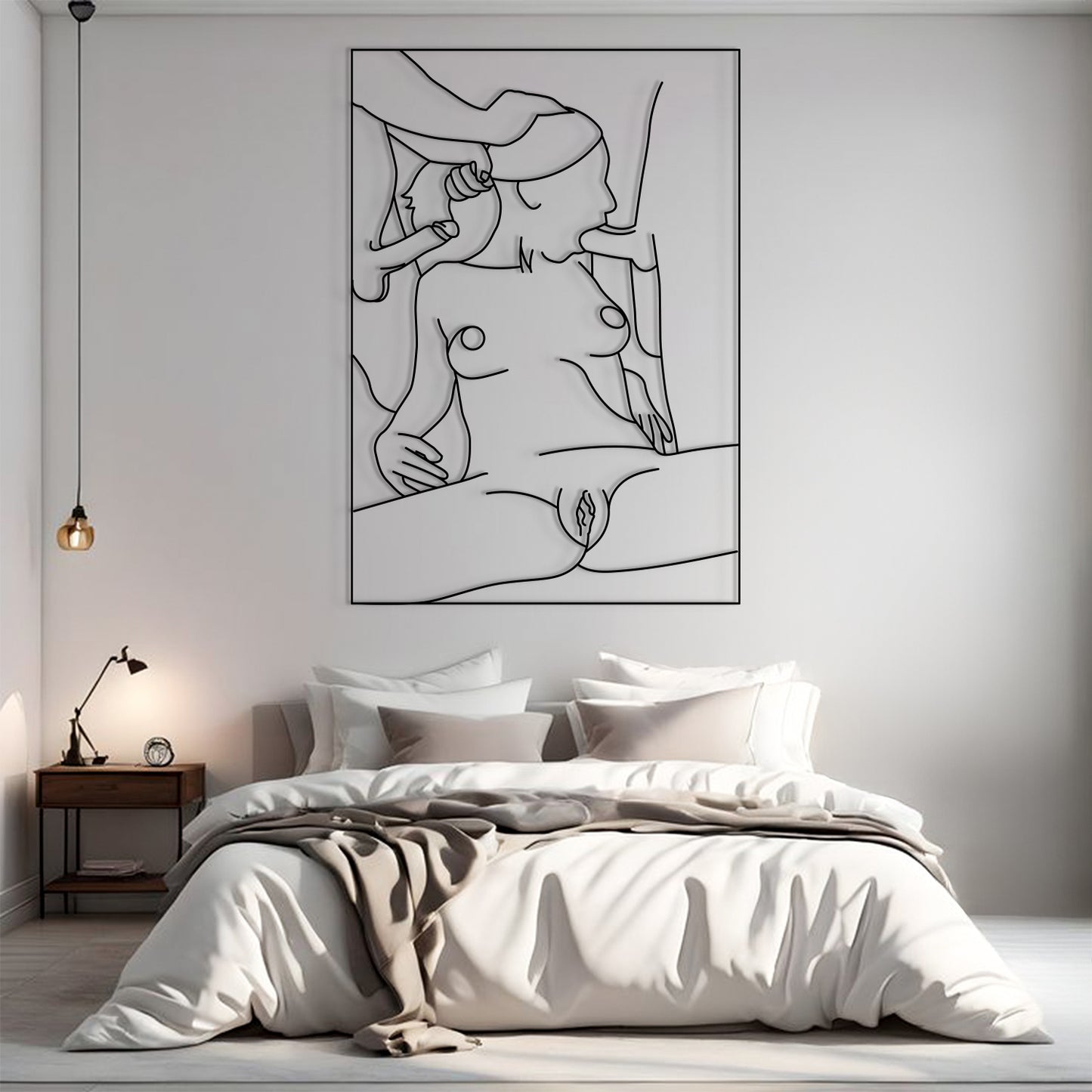 A minimalist black and white continuous line art poster depicting a nude female figure, displayed on a light gray wall above a neatly made bed in a modern bedroom setting.