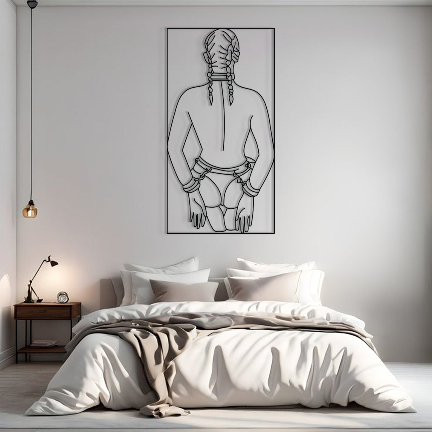 A minimalist black and white line art poster of a person from behind with braided hair, displayed on a light gray wall above a modern bed in a styled bedroom.