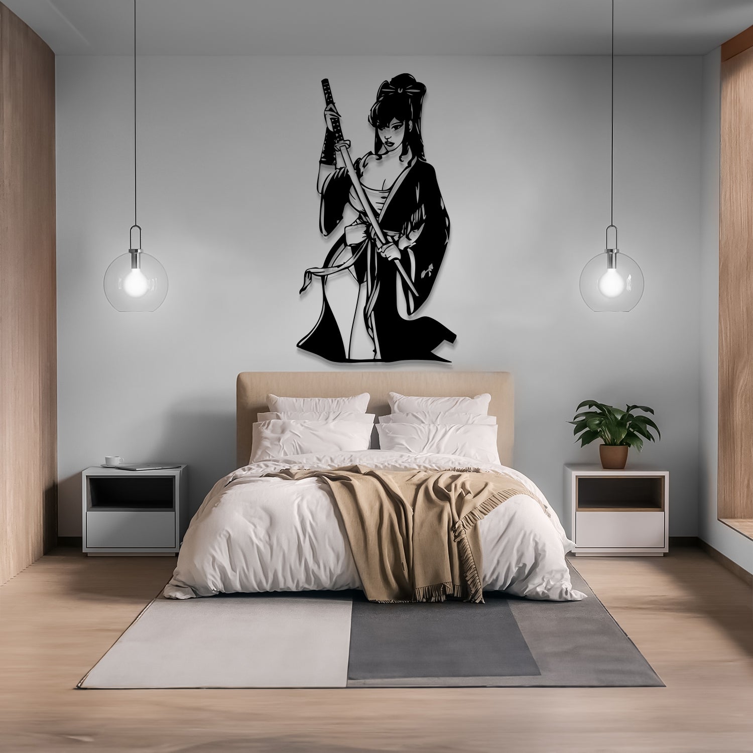 A modern bedroom featuring a large black and white silhouette wall art of a samurai warrior hanging above a neatly made bed with white linens and a beige throw blanket.