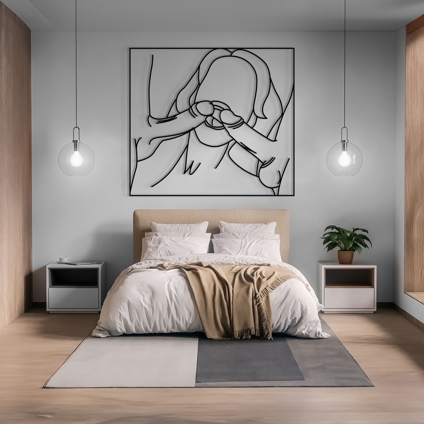 A modern bedroom featuring a minimalist black and white line art wall hanging above a bed with white linens and a beige throw blanket. The room has light gray walls, wood paneling on the sides, two matching white nightstands, and two hanging globe bulbs.