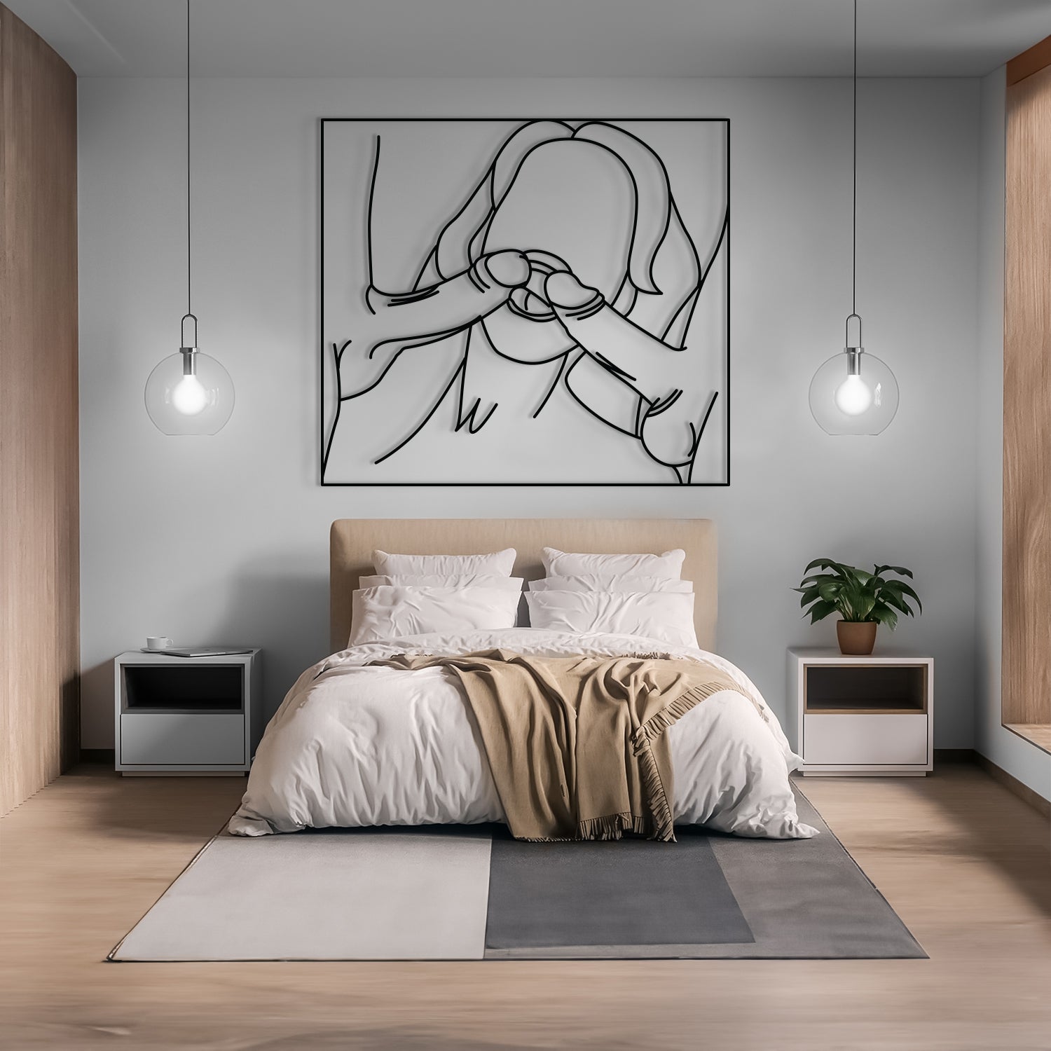 A modern bedroom featuring a minimalist black and white line art wall hanging above a bed with white linens and a beige throw blanket. The room has light gray walls, wood paneling on the sides, two matching white nightstands, and two hanging globe bulbs.