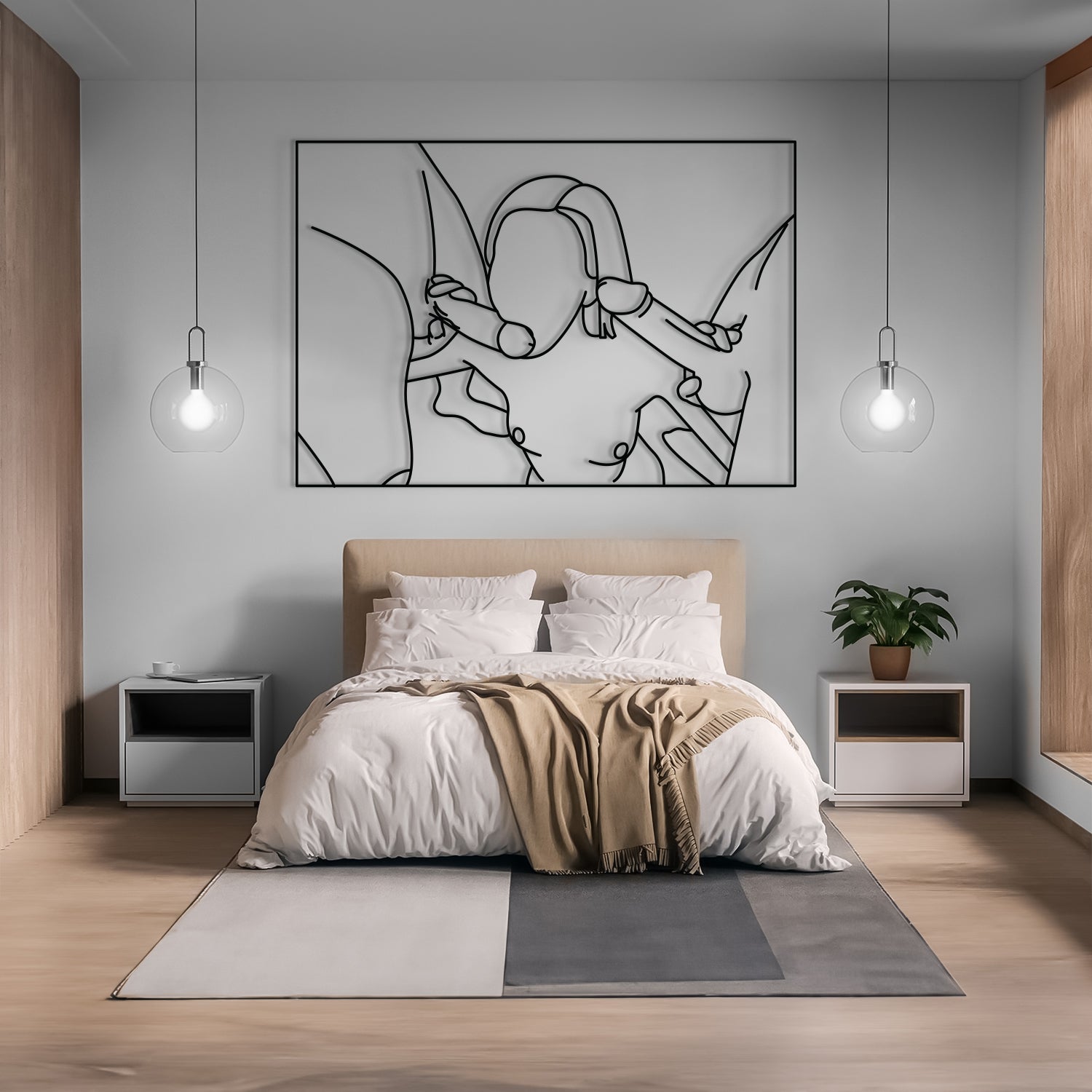 A modern bedroom with a bed dressed in white bedding and a beige throw blanket, flanked by two white nightstands and a gray area rug. A large black-framed abstract line art print hangs on the light gray wall above the bed.