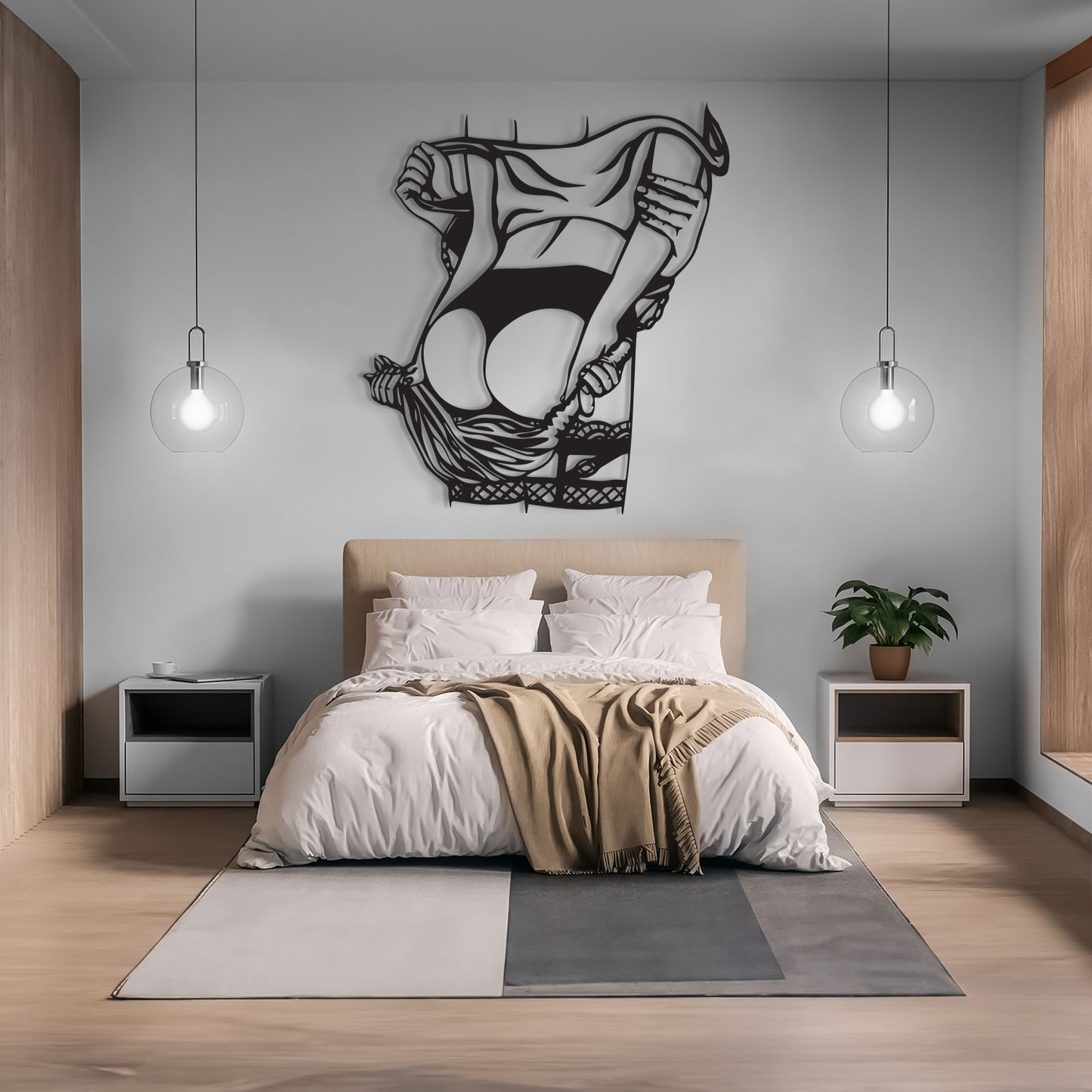 A modern bedroom with a bed dressed in white bedding and a beige throw blanket, flanked by two white nightstands with gray accents. A large black metal wall art piece depicting a stylized figure is mounted on the gray wall above the headboard.