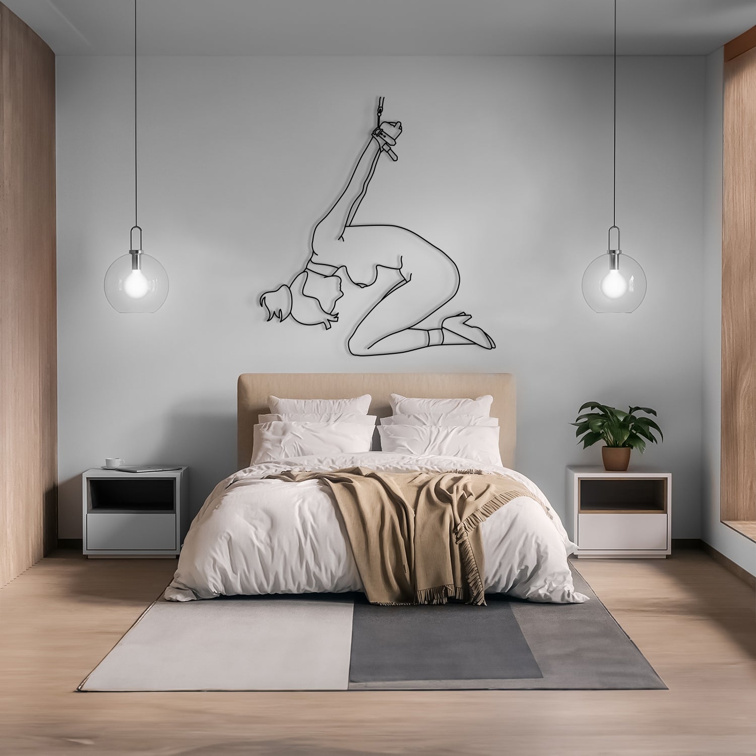 Modern bedroom with a bed, nightstands, and wall art.