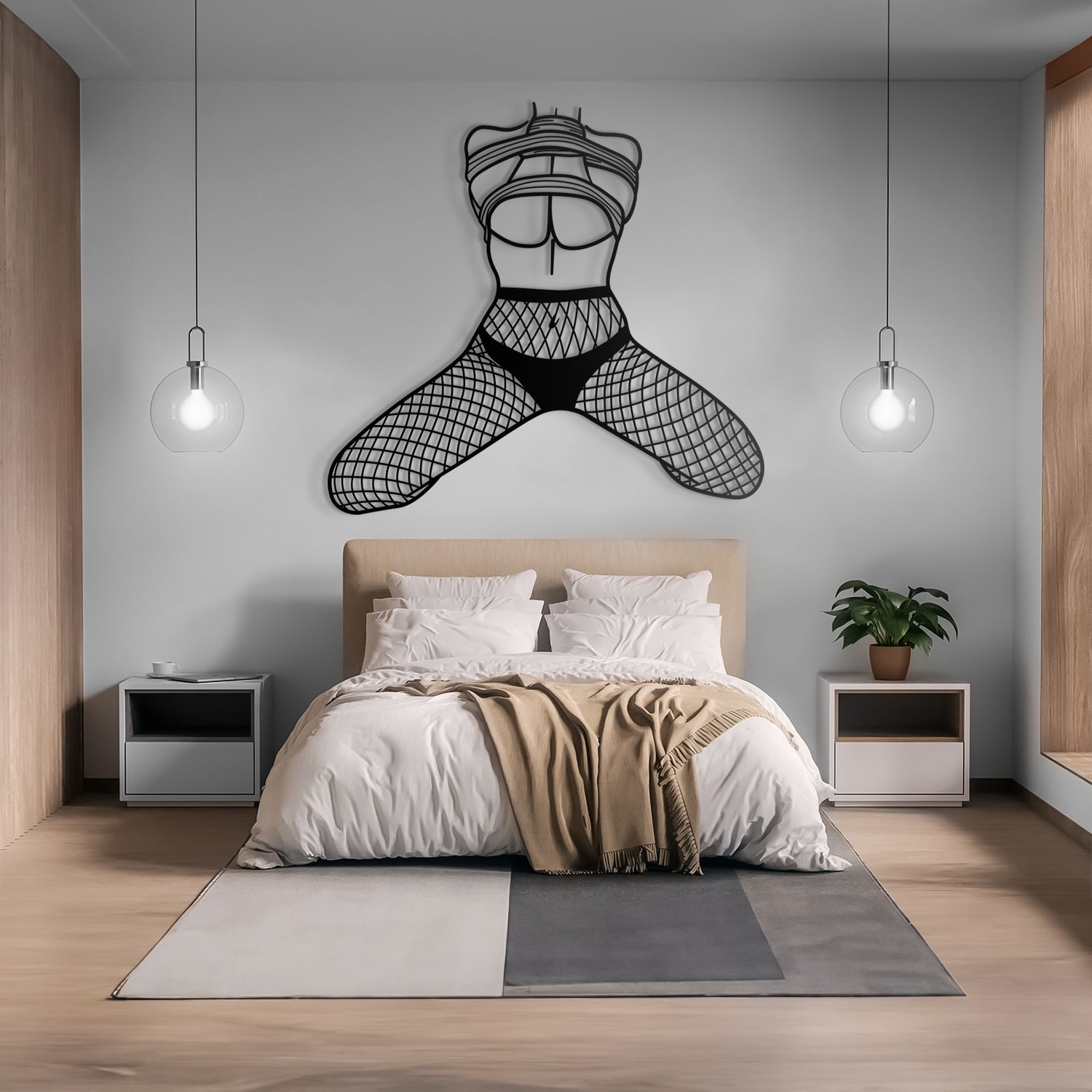 Modern bedroom with a bed, nightstands, and wall art.