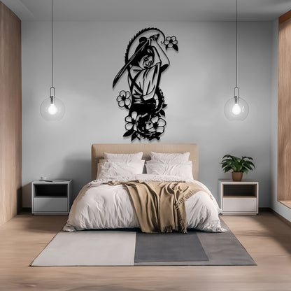 A modern bedroom featuring a black metal wall art piece of a woman holding a scythe, mounted on a light gray wall above a bed with white linens and a beige throw blanket.