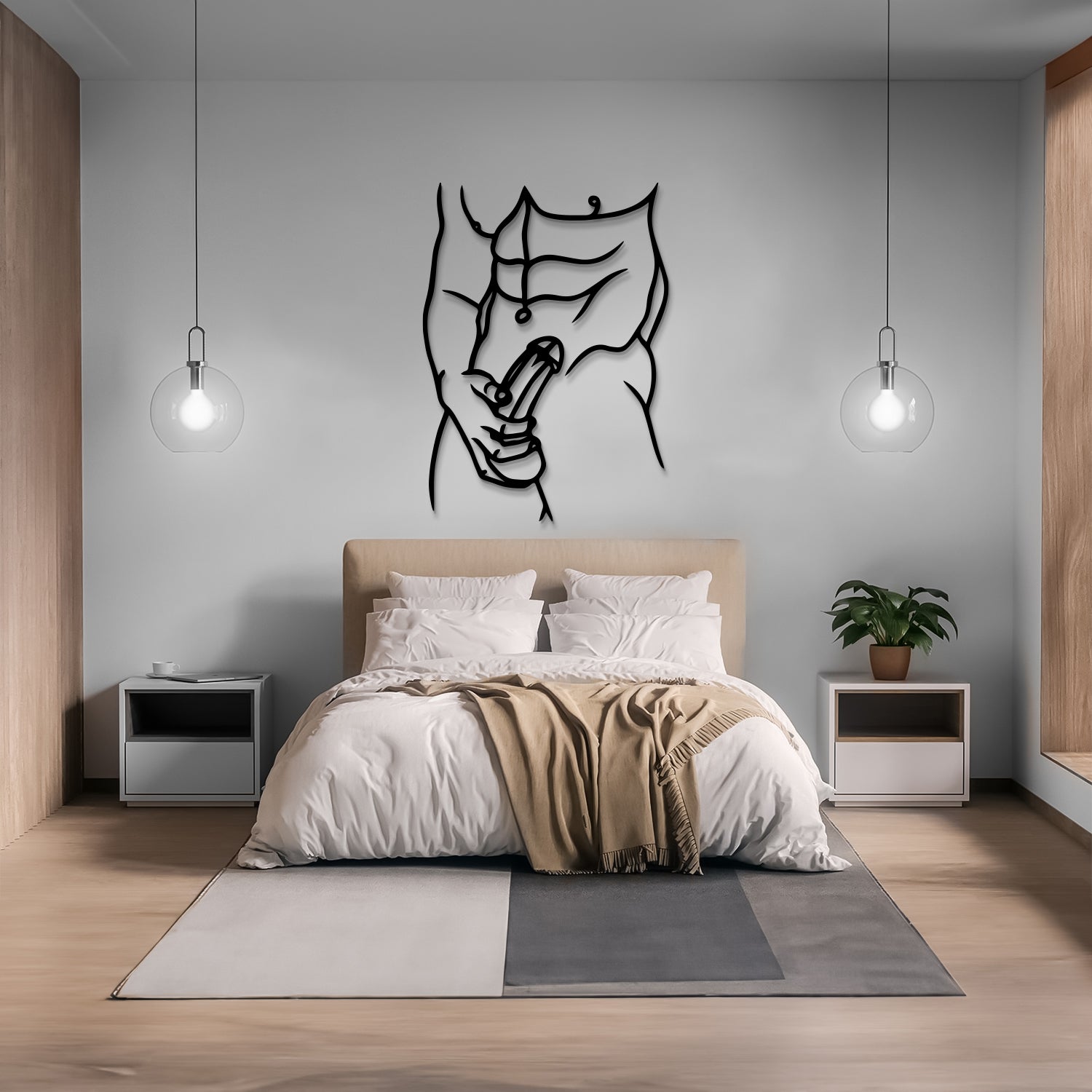 A modern bedroom featuring a black metal line art wall sculpture of a male torso on a light gray wall above a bed with white bedding and a beige throw blanket.