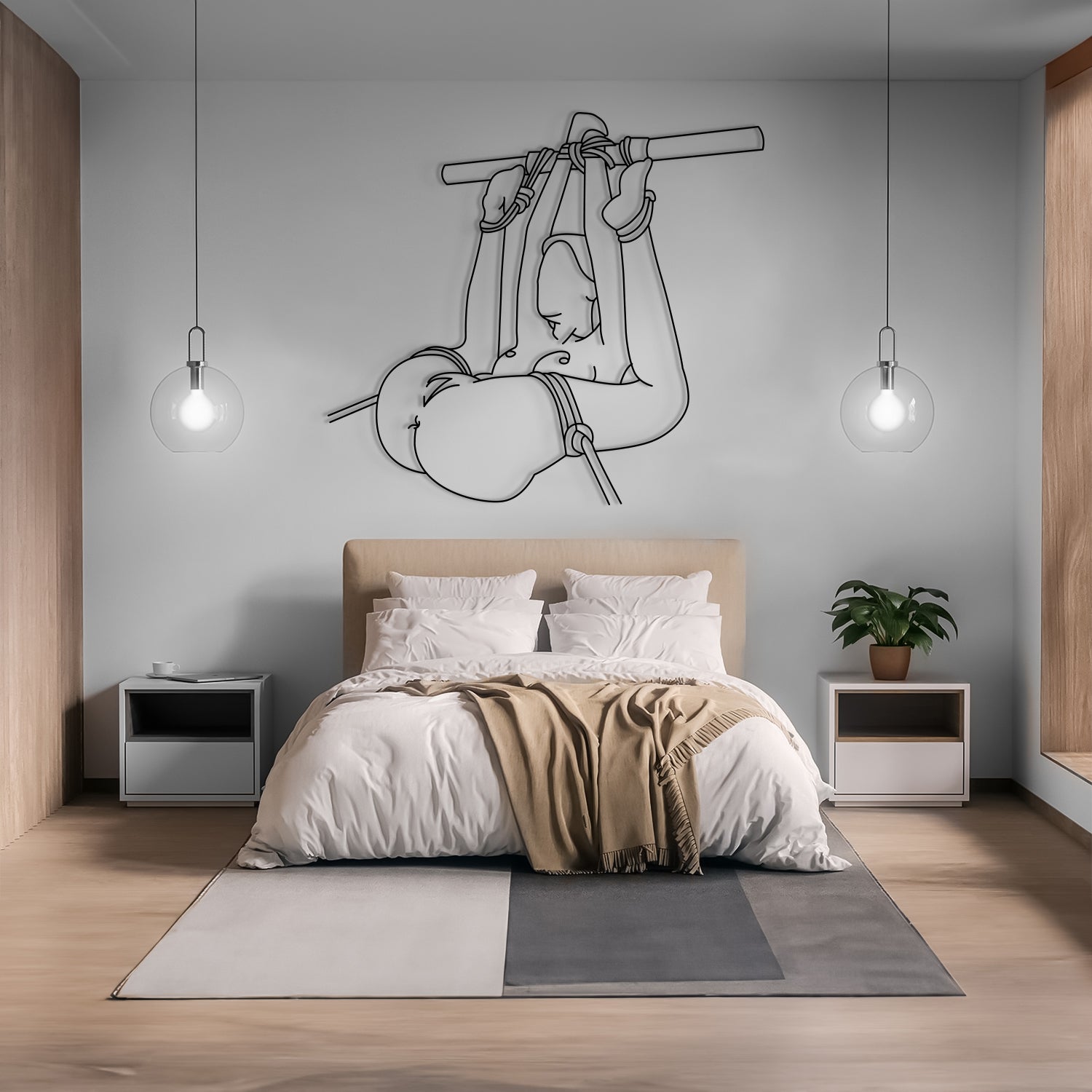 Modern bedroom with a bed, nightstands, and wall art.