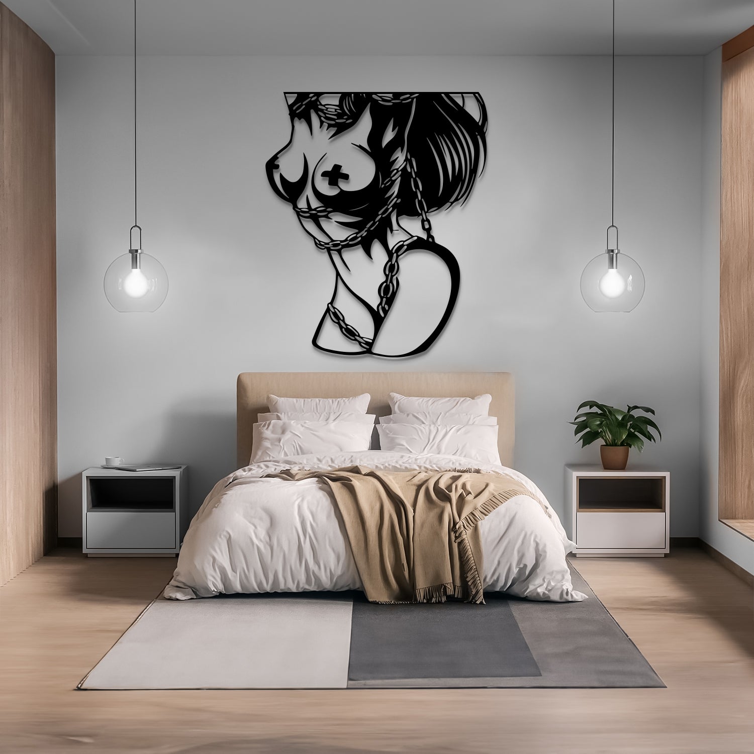 A modern bedroom featuring a black metal wall art piece of a stylized woman's profile with a heart-shaped necklace, mounted on a light gray wall above a bed with white bedding and a beige throw blanket.
