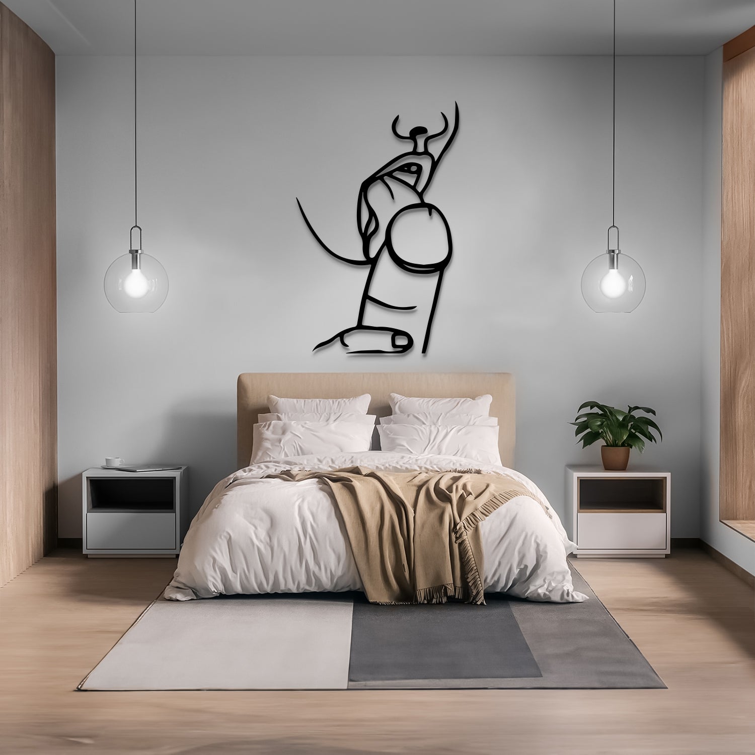 A modern bedroom interior with a bed dressed in white bedding and a beige throw blanket, flanked by two white nightstands with small plants, under two hanging globe lights. A black abstract wall art piece shaped like a stylized figure stands above the bed against a light gray wall.