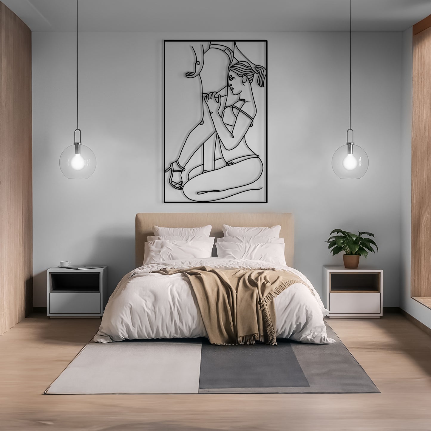 A modern bedroom with a bed dressed in white bedding and a beige throw blanket, flanked by two white nightstands and a gray area rug. A large black and white minimalist line art print of a seated woman hangs on the light gray wall above the bed.