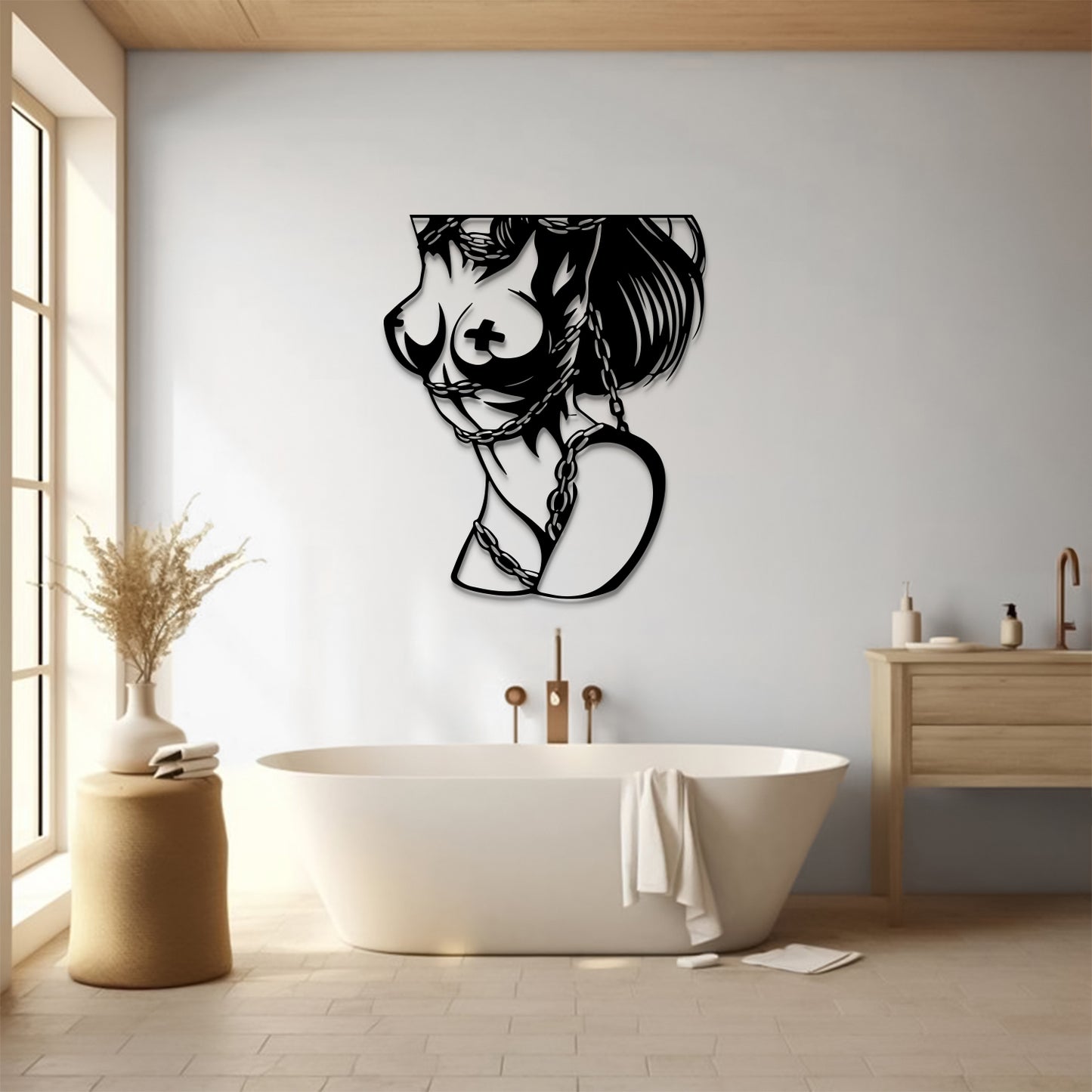 A black metal wall art piece depicting a stylized profile of a woman with a cross on her chest, mounted on a light gray wall in a modern bathroom setting with a freestanding bathtub and wooden fixtures.