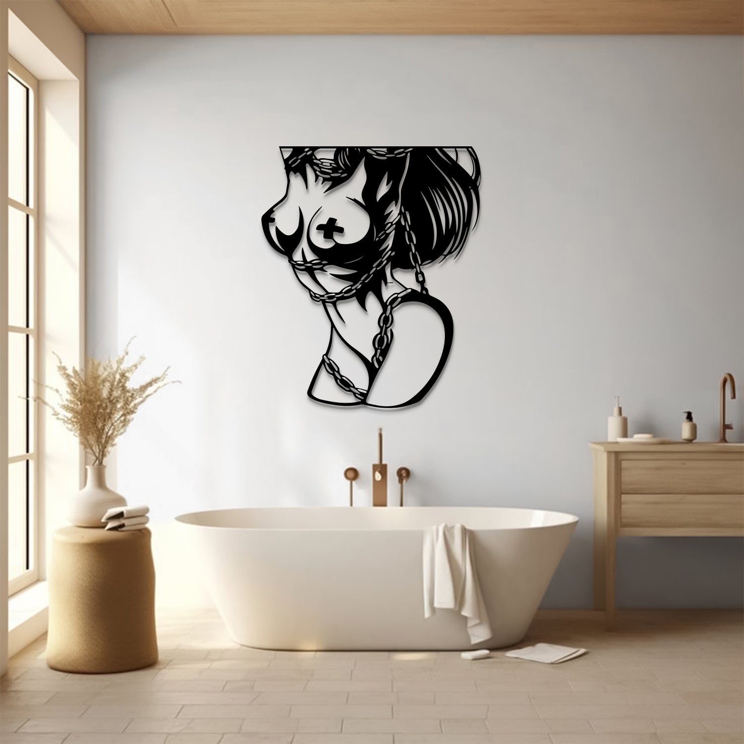 A black metal wall art piece depicting a stylized profile of a woman with a cross on her chest, mounted on a light gray wall in a modern bathroom setting with a freestanding bathtub and wooden fixtures.