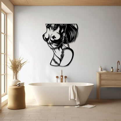 A black metal wall art piece depicting a stylized profile of a woman with a cross on her chest, mounted on a light gray wall in a modern bathroom setting with a freestanding bathtub and wooden fixtures.