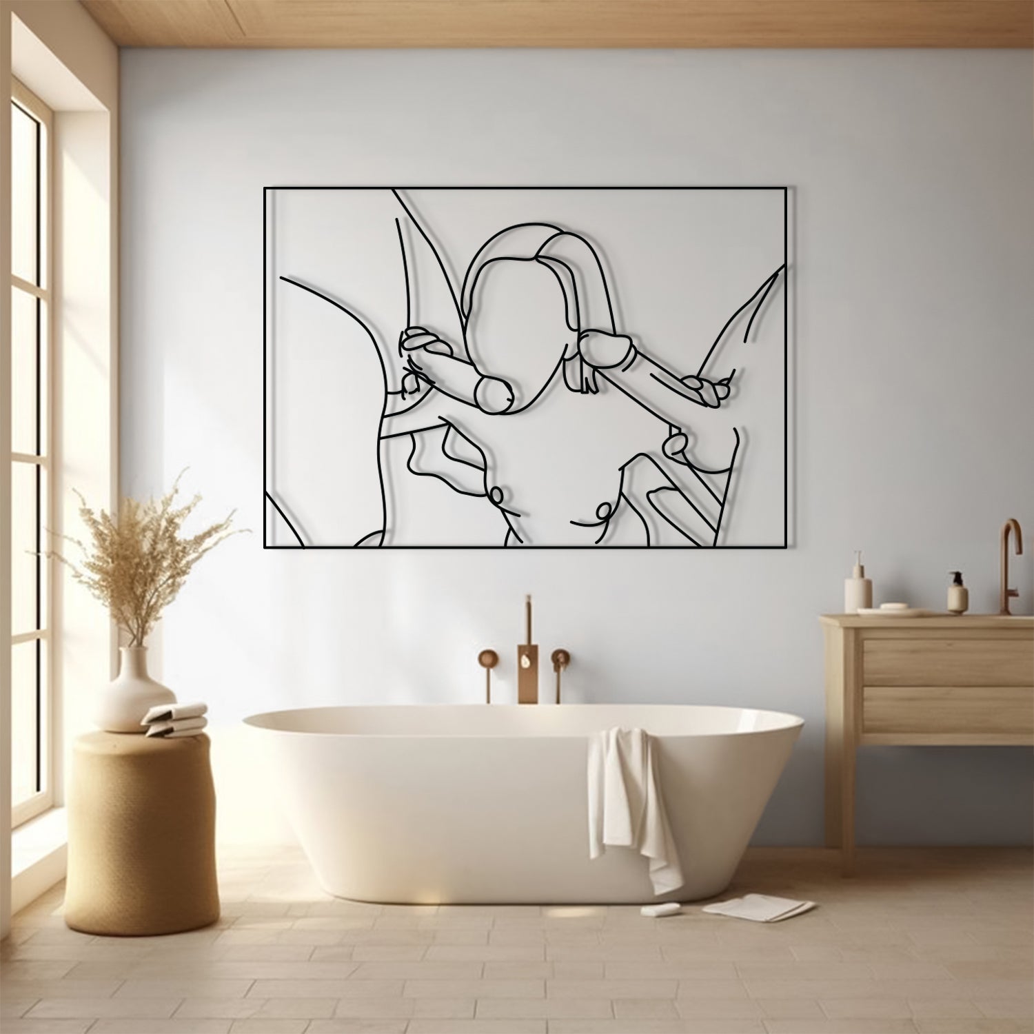 A minimalist black and white continuous line art print of a woman, displayed on a light gray wall in a modern bathroom setting with a freestanding bathtub, wooden vanity, and warm natural light.