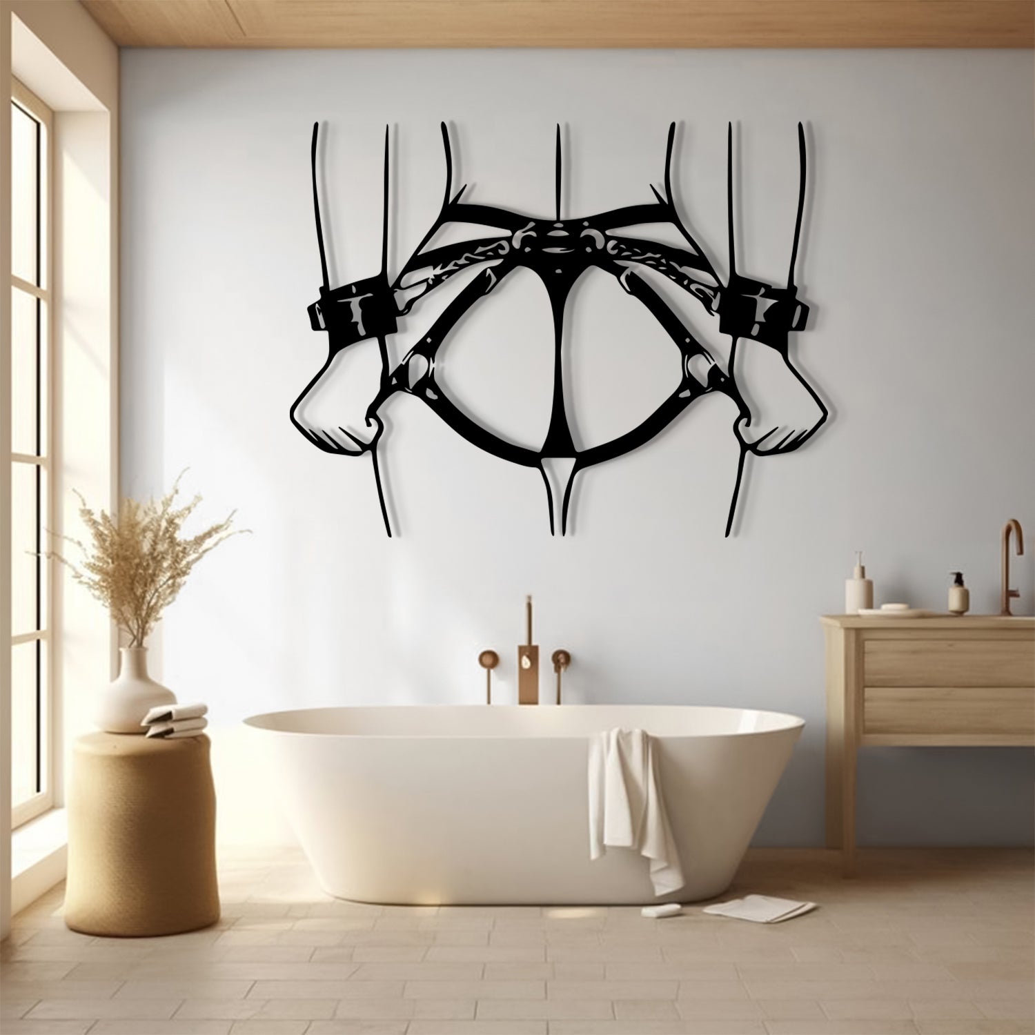 A black metal wall art piece shaped like a harness or skeletal animal structure hangs above a white freestanding bathtub in a bright, modern bathroom with wood flooring and a light wood vanity.