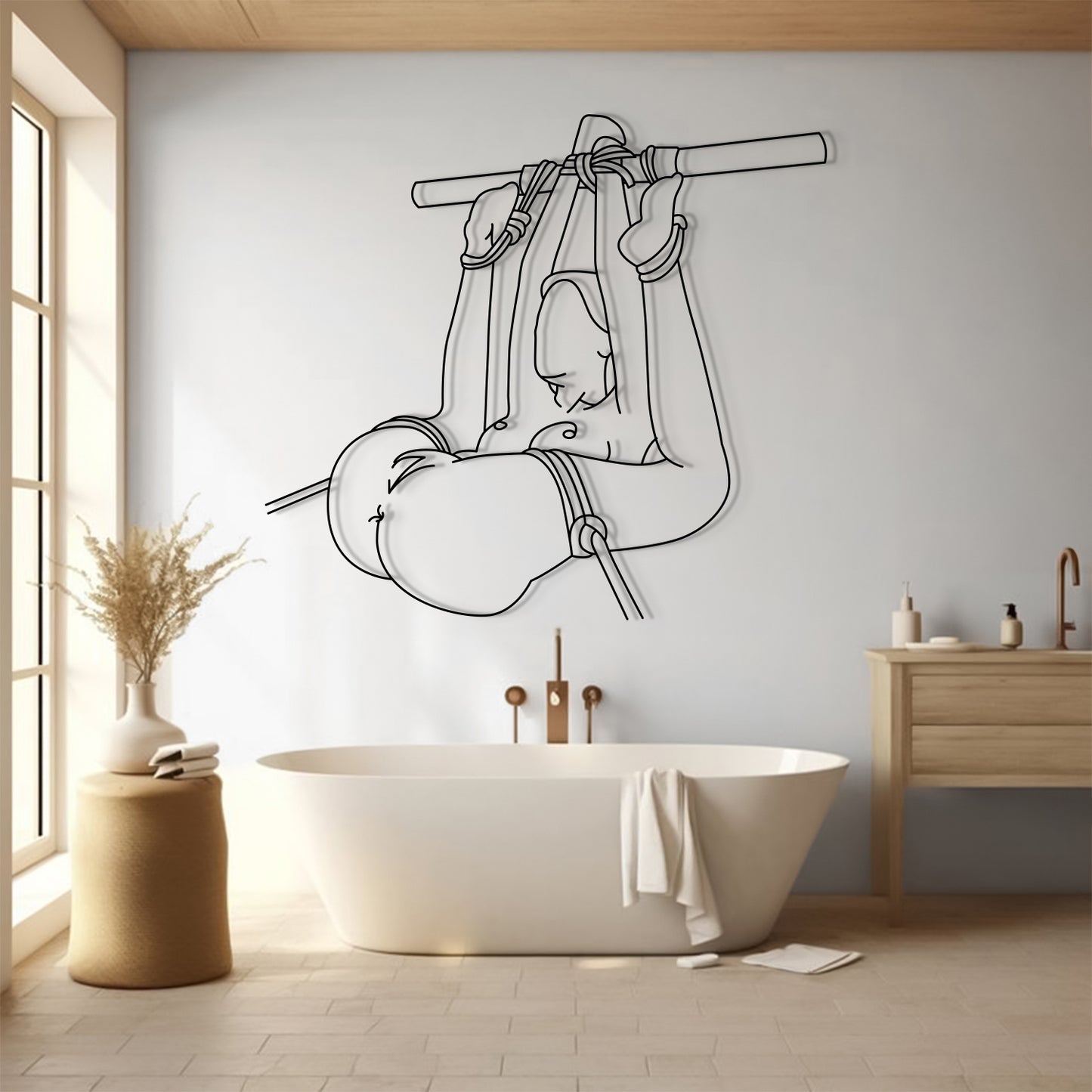 Modern bathroom with a bathtub, wall art, and wooden cabinet.