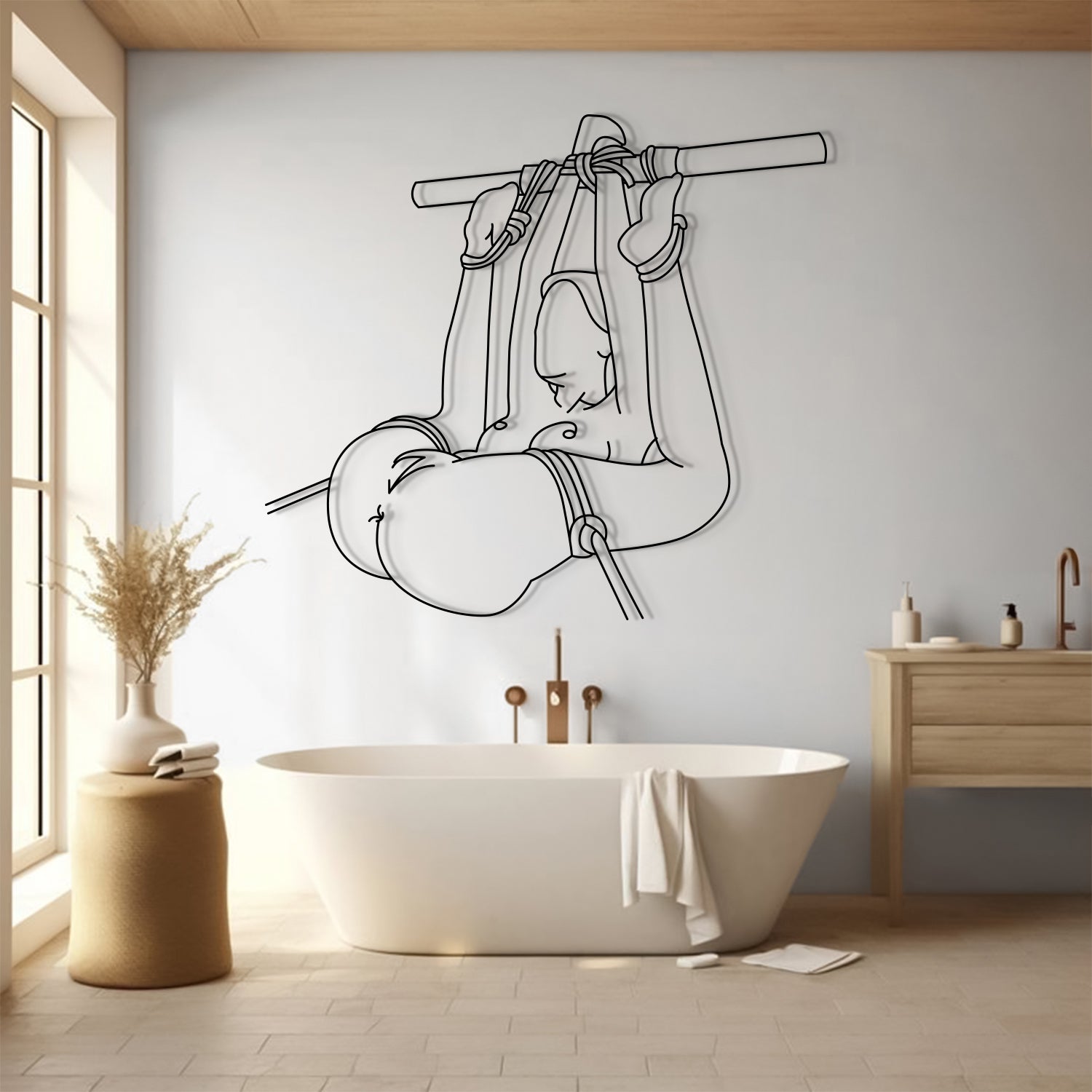 Modern bathroom with a bathtub, wall art, and wooden cabinet.