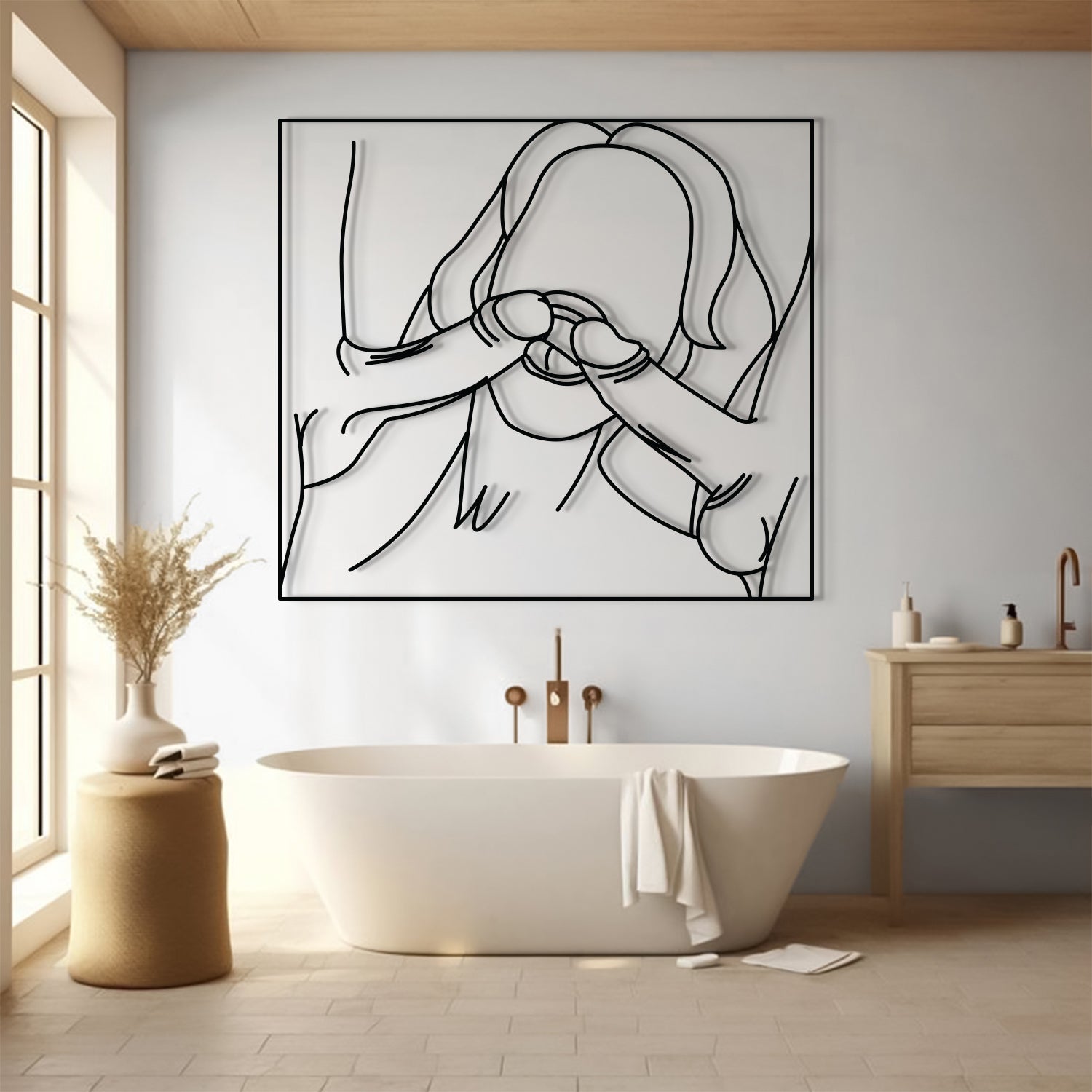 A minimalist black and white continuous line art print of a woman covering her face, displayed on a light gray wall in a modern bathroom setting above a freestanding bathtub.