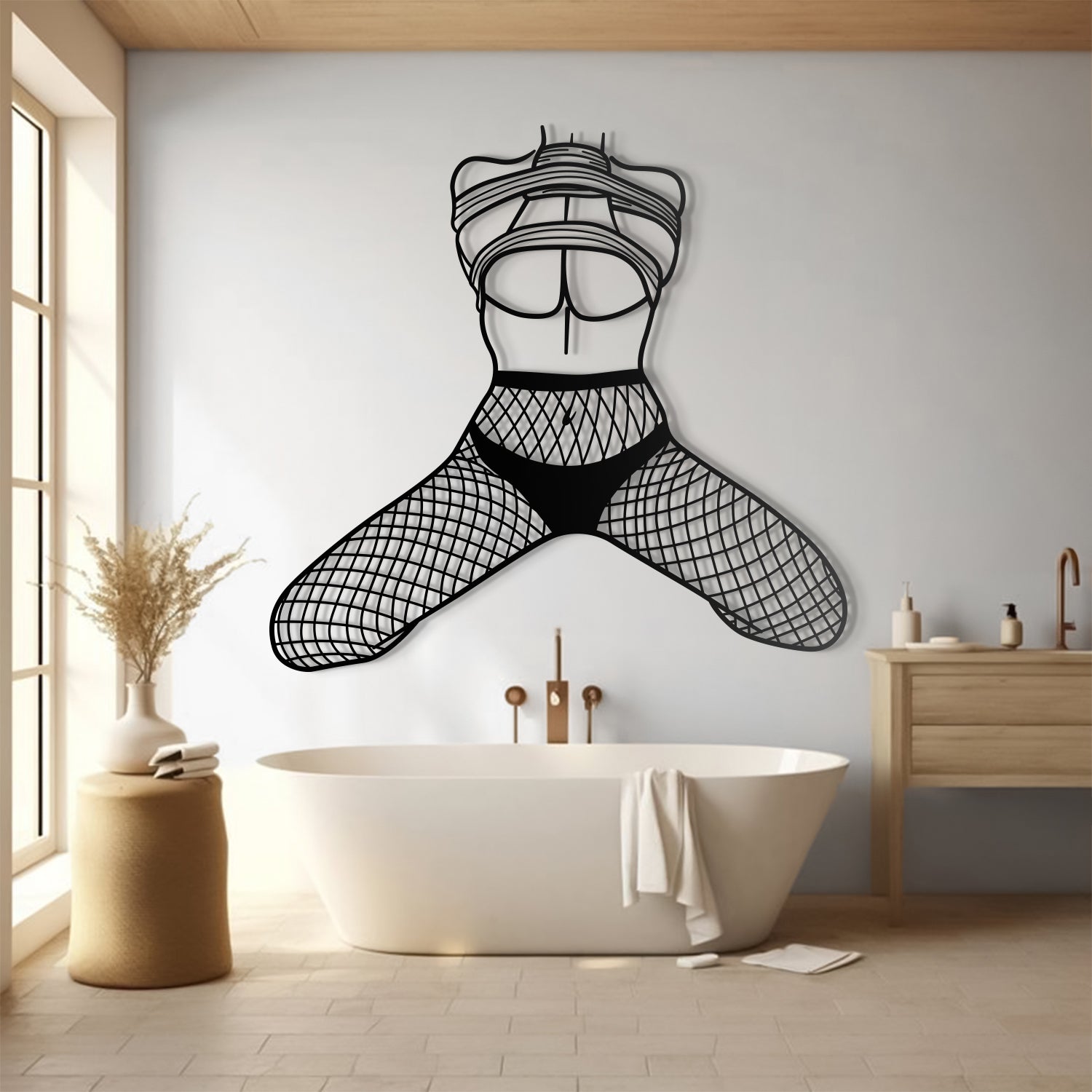 Modern bathroom with a decorative wall art of a woman in fishnet stockings and lingerie.