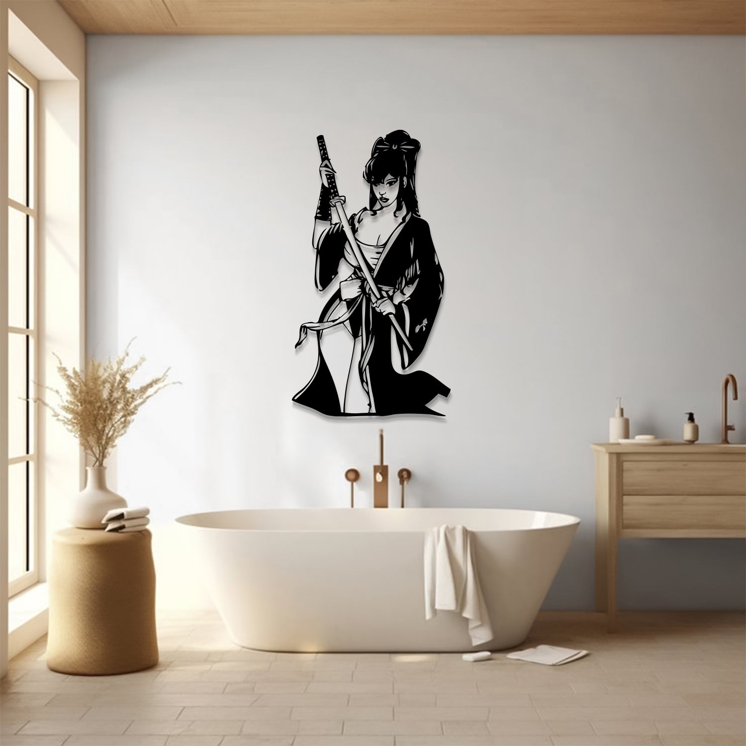 A black metal wall art piece of a samurai warrior mounted on a light gray bathroom wall above a freestanding white bathtub.