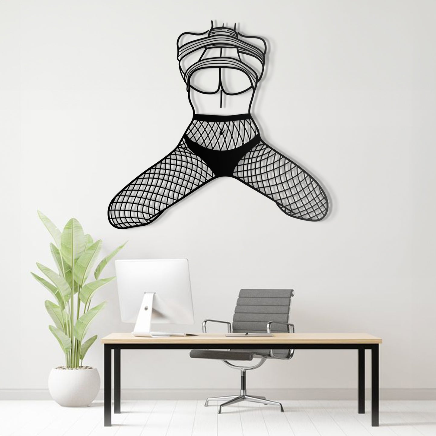 Modern office interior with a unique wall art piece of fishnet stockings.
