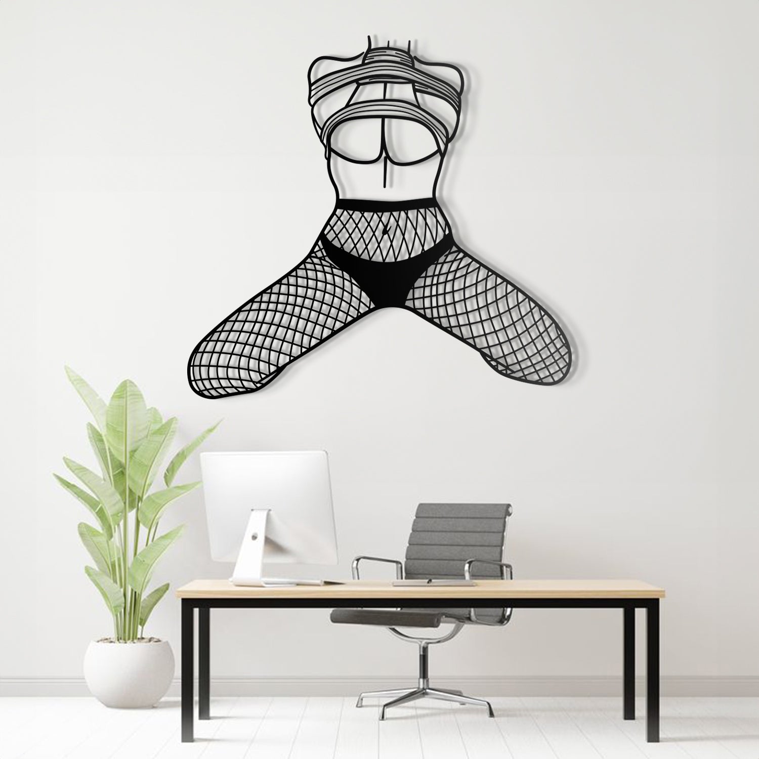 Modern office interior with a unique wall art piece of fishnet stockings.
