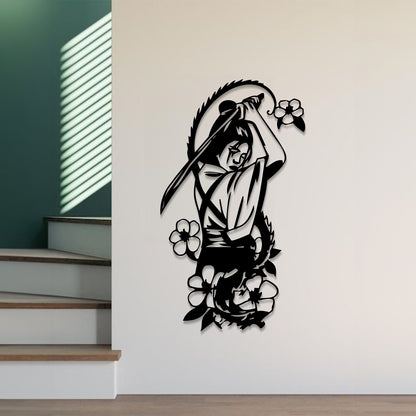 A black metal wall art piece depicting a samurai warrior holding a sword, mounted on a light beige wall in a modern interior setting with a staircase visible on the left.