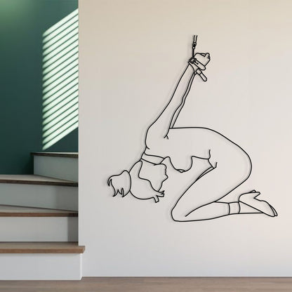 Line art of a person on a trapeze against a white wall with stairs in the background.