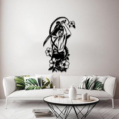 A black metal wall art piece depicting a samurai warrior with a sword and surrounding flowers, mounted on a light gray wall above a modern white sofa with green leaf-patterned pillows.