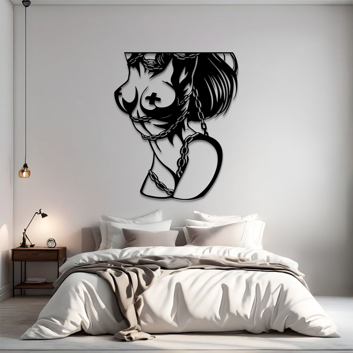 A black metal wall art piece depicting a stylized profile of a woman with a mustache and heart-shaped earring, mounted on a light gray wall above a neatly made bed in a modern bedroom setting.