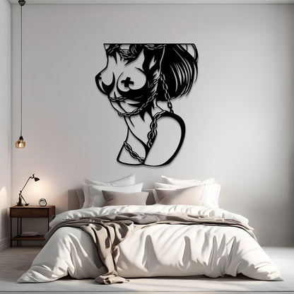 A black metal wall art piece depicting a stylized profile of a woman with a mustache and heart-shaped earring, mounted on a light gray wall above a neatly made bed in a modern bedroom setting.