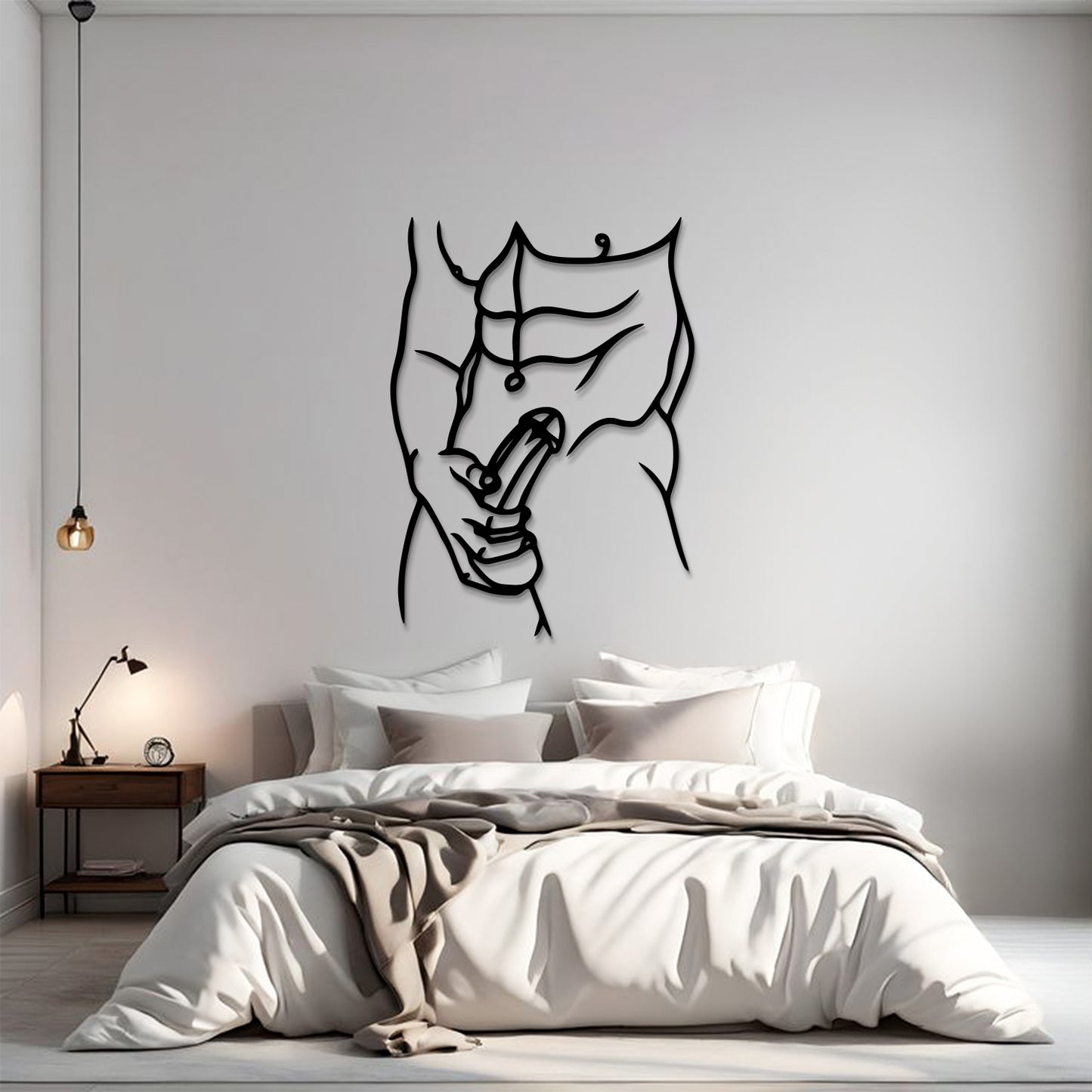 A minimalist black metal wall art piece depicting a muscular torso with a peace sign, displayed above a neatly made bed in a modern, neutral-toned bedroom.