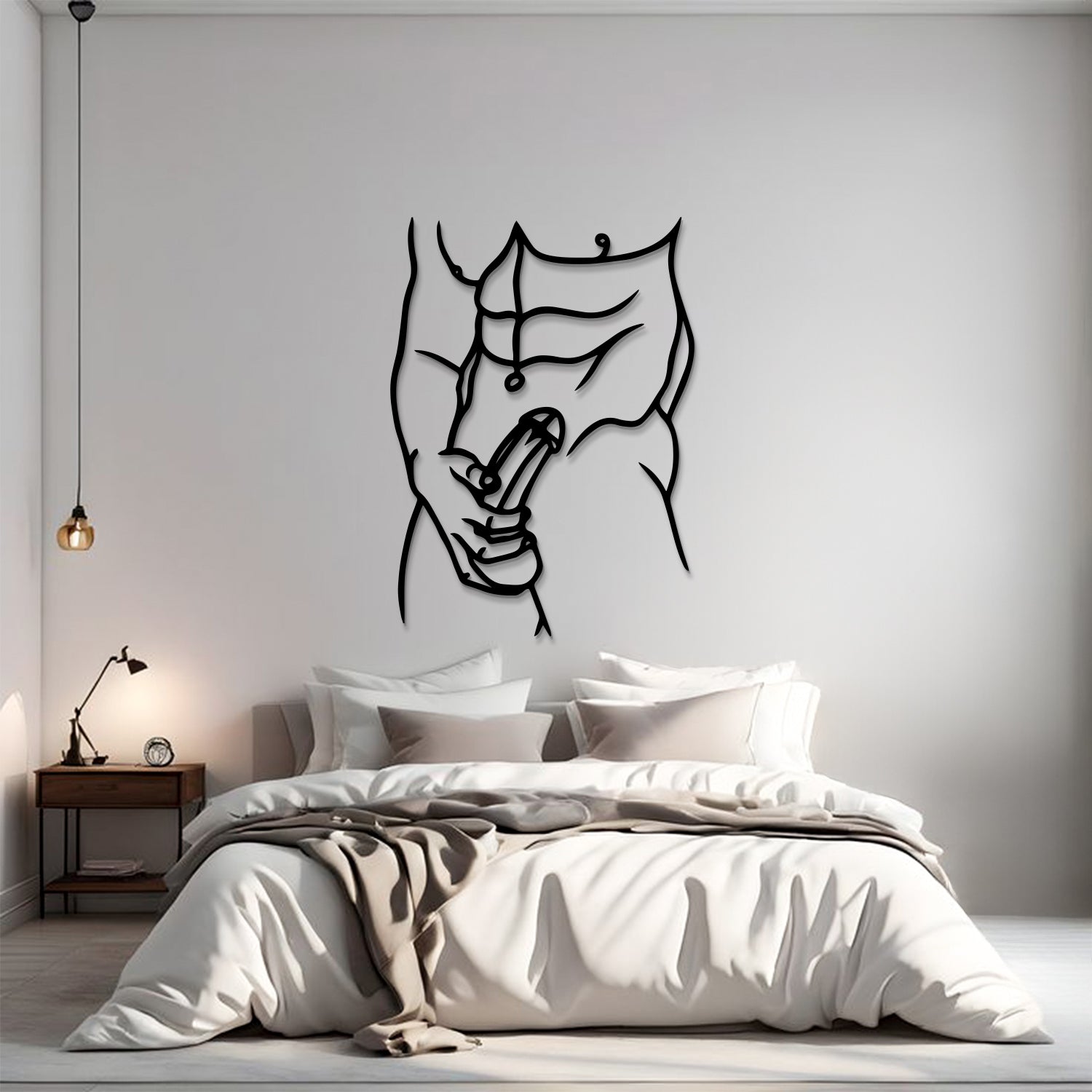 A minimalist black metal wall art piece depicting a muscular torso with a peace sign, displayed above a neatly made bed in a modern, neutral-toned bedroom.