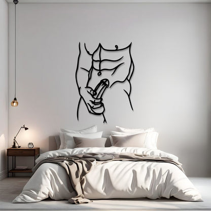A minimalist black metal wall art piece depicting a muscular torso with a peace sign, displayed above a neatly made bed in a modern, neutral-toned bedroom.