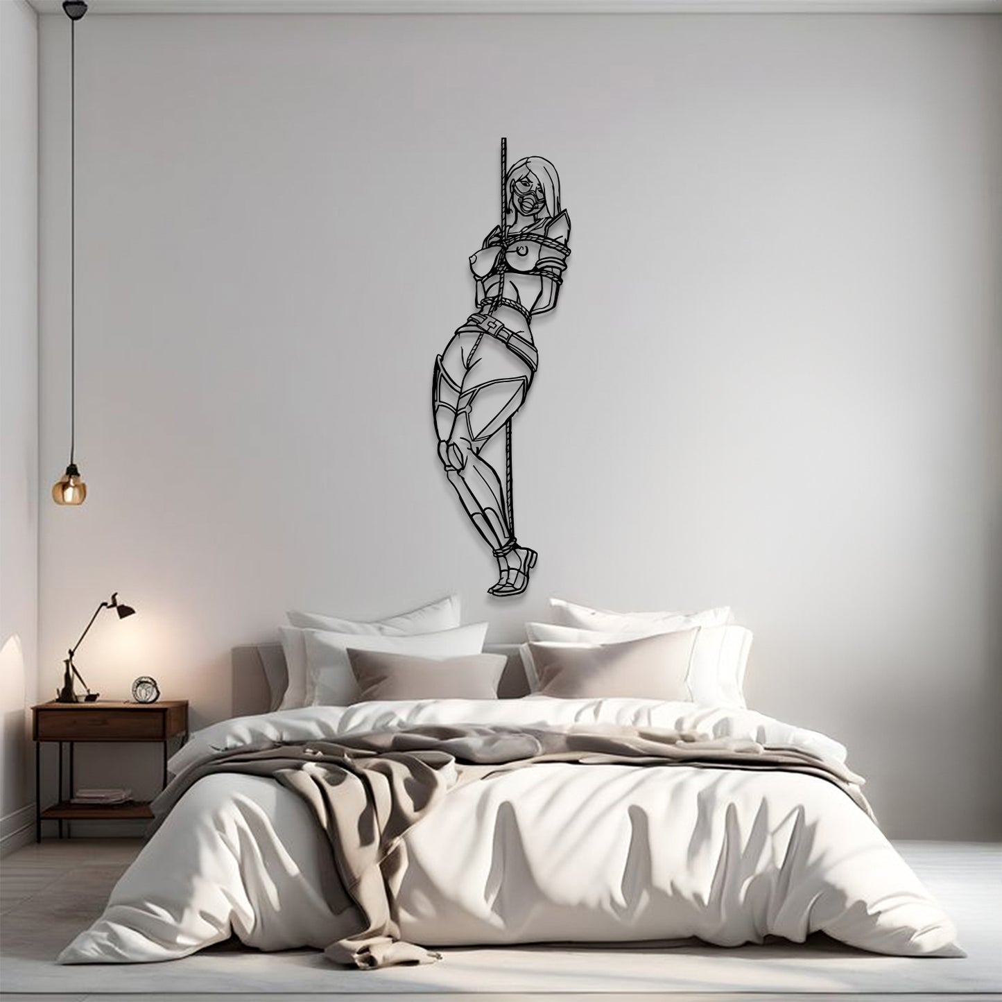 Bedroom with a modern wall sculpture of a woman sitting on a chair.