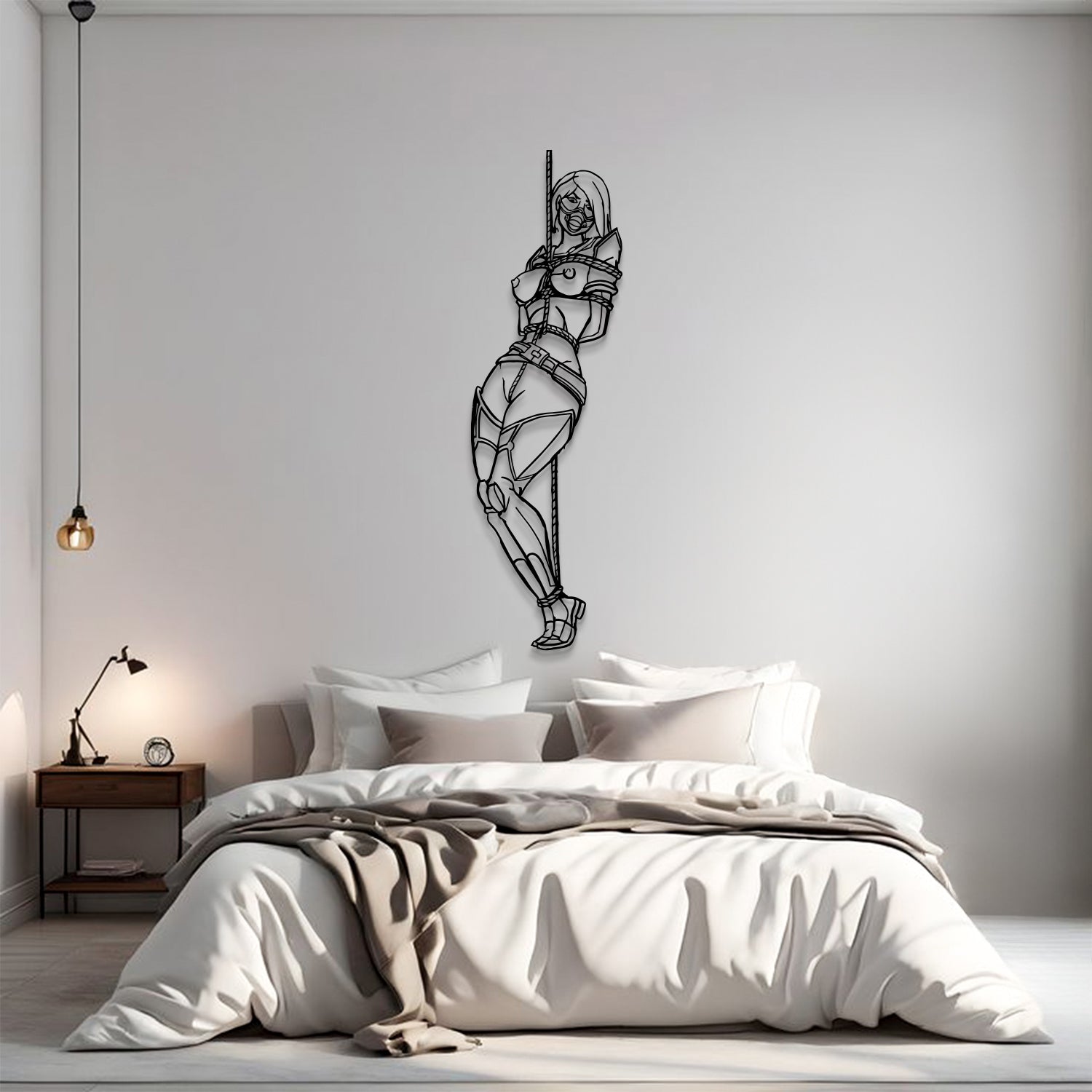 Bedroom with a modern wall sculpture of a woman sitting on a chair.