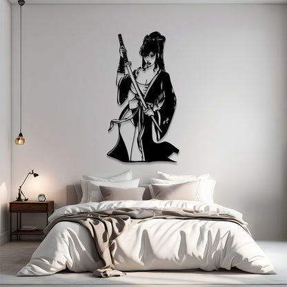 A black vinyl wall decal of a samurai woman holding a sword, displayed on a light gray wall above a neatly made bed in a modern bedroom setting.