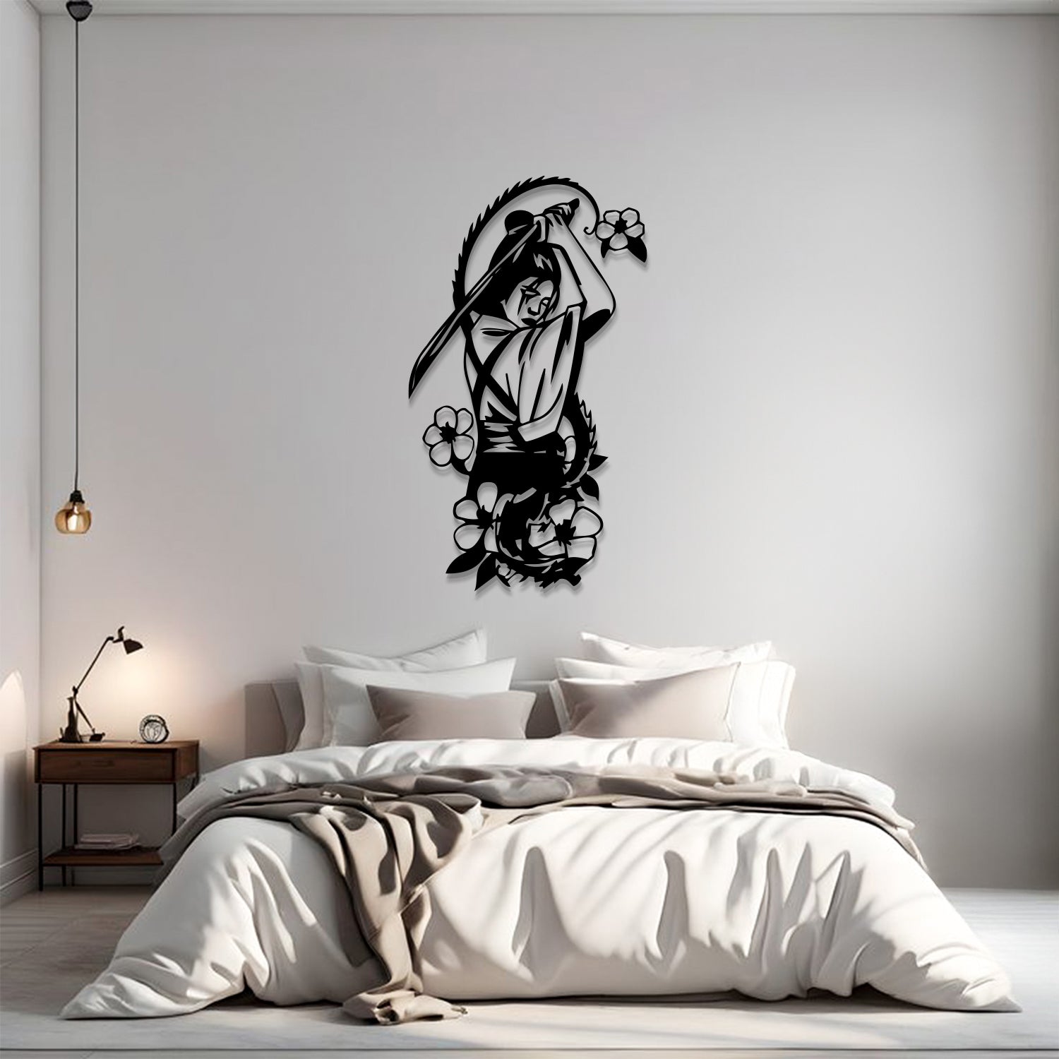 A black metal wall art piece depicting a samurai warrior with a sword and surrounding flowers, mounted on a light gray wall above a neatly made bed in a modern bedroom setting.