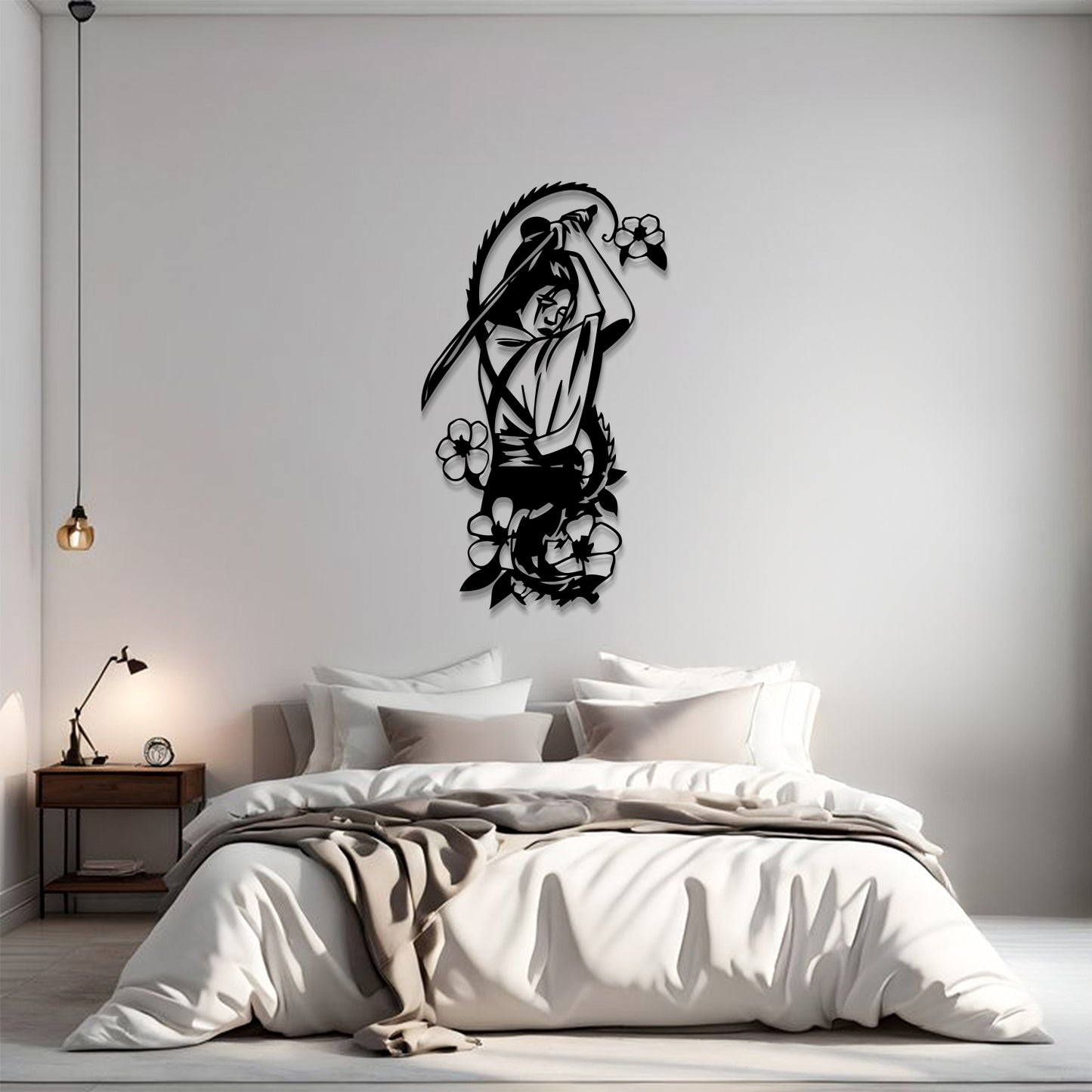 A black metal wall art piece depicting a samurai warrior with a sword and surrounding flowers, mounted on a light gray wall above a neatly made bed in a modern bedroom setting.