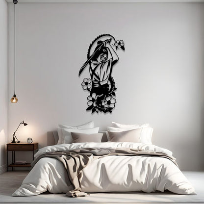 A black metal wall art piece depicting a samurai warrior with a sword and surrounding flowers, mounted on a light gray wall above a neatly made bed in a modern bedroom setting.