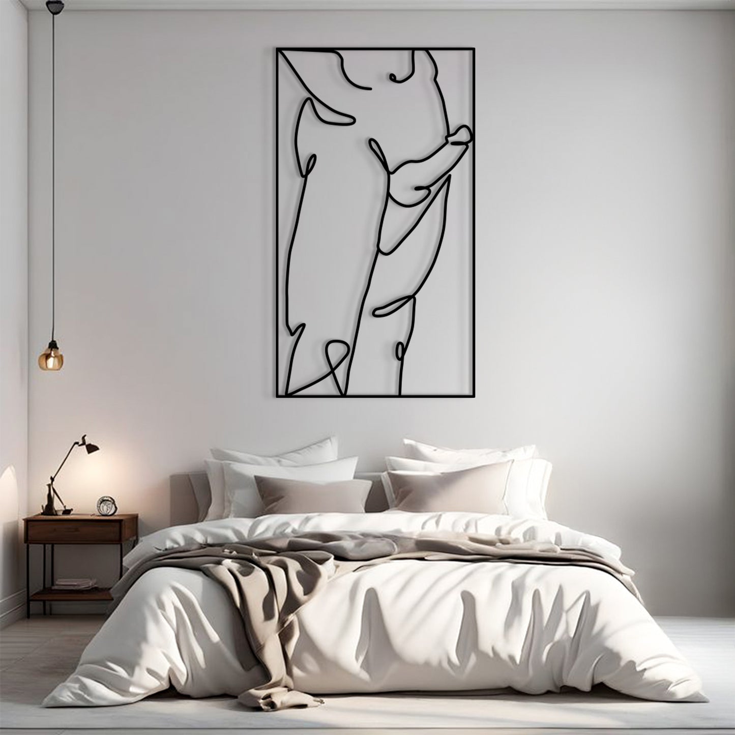 A minimalist black and white continuous line art print of a female torso, displayed in a modern bedroom setting above a neatly made bed.