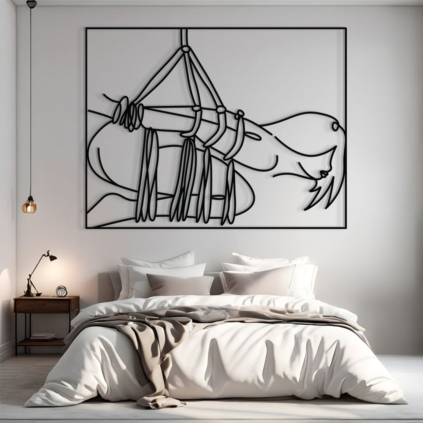 A large black and white minimalist line art wall print depicting a hanging figure, displayed above a neatly made bed in a modern, neutral-toned bedroom.