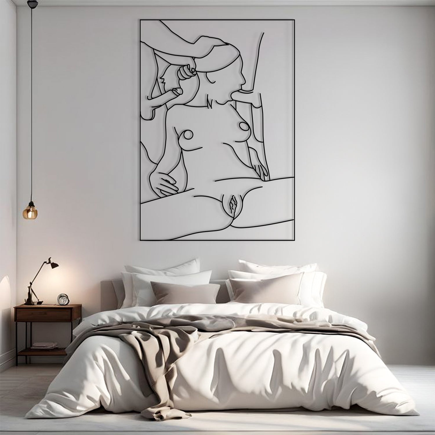 A minimalist black and white continuous line art poster depicting a nude female figure, displayed on a light gray wall above a neatly made bed in a modern bedroom setting.