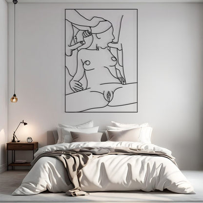 A minimalist black and white continuous line art poster depicting a nude female figure, displayed on a light gray wall above a neatly made bed in a modern bedroom setting.