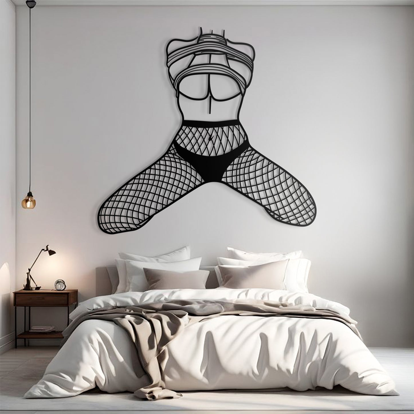 Black fishnet stockings wall decal in a bedroom setting