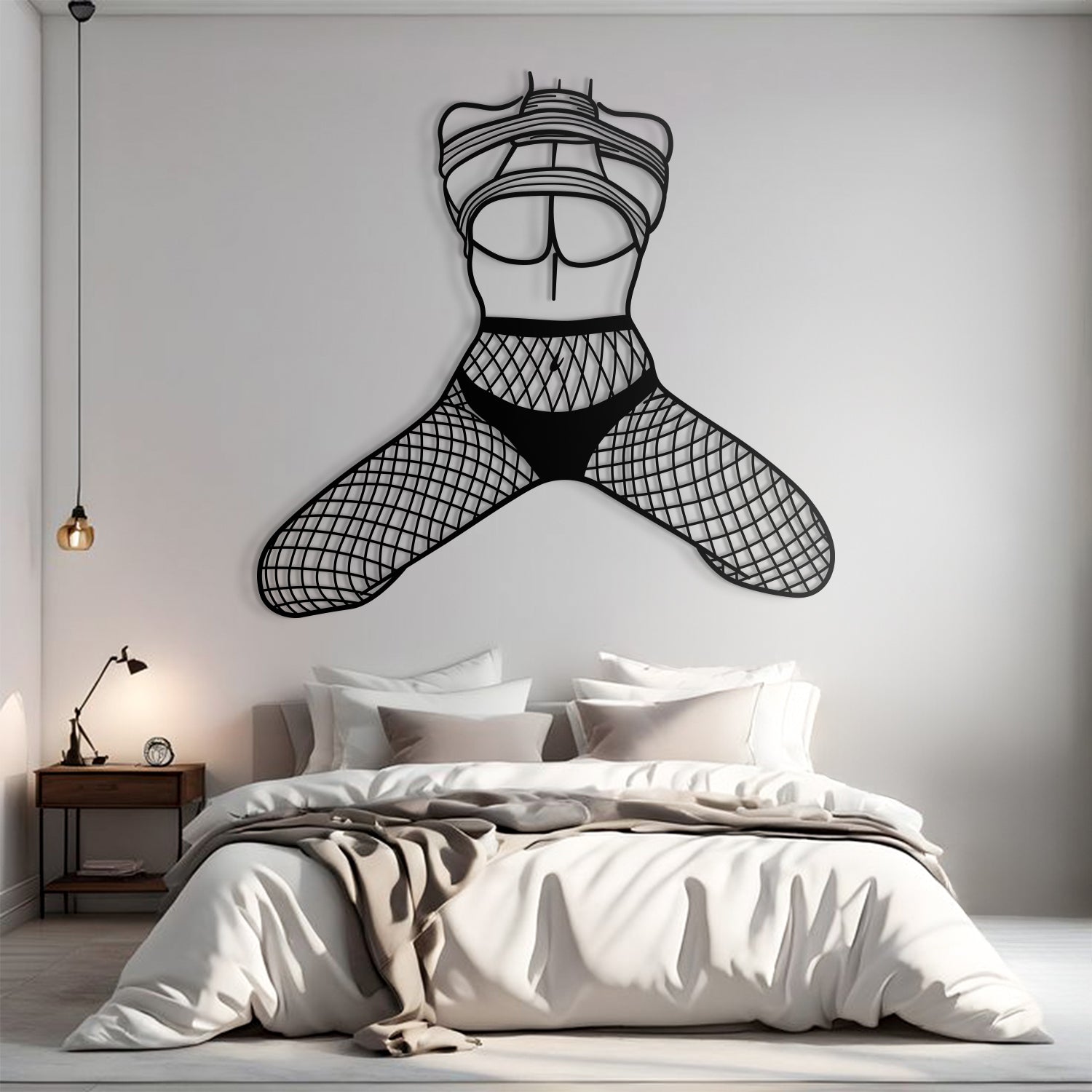 Black fishnet stockings wall decal in a bedroom setting